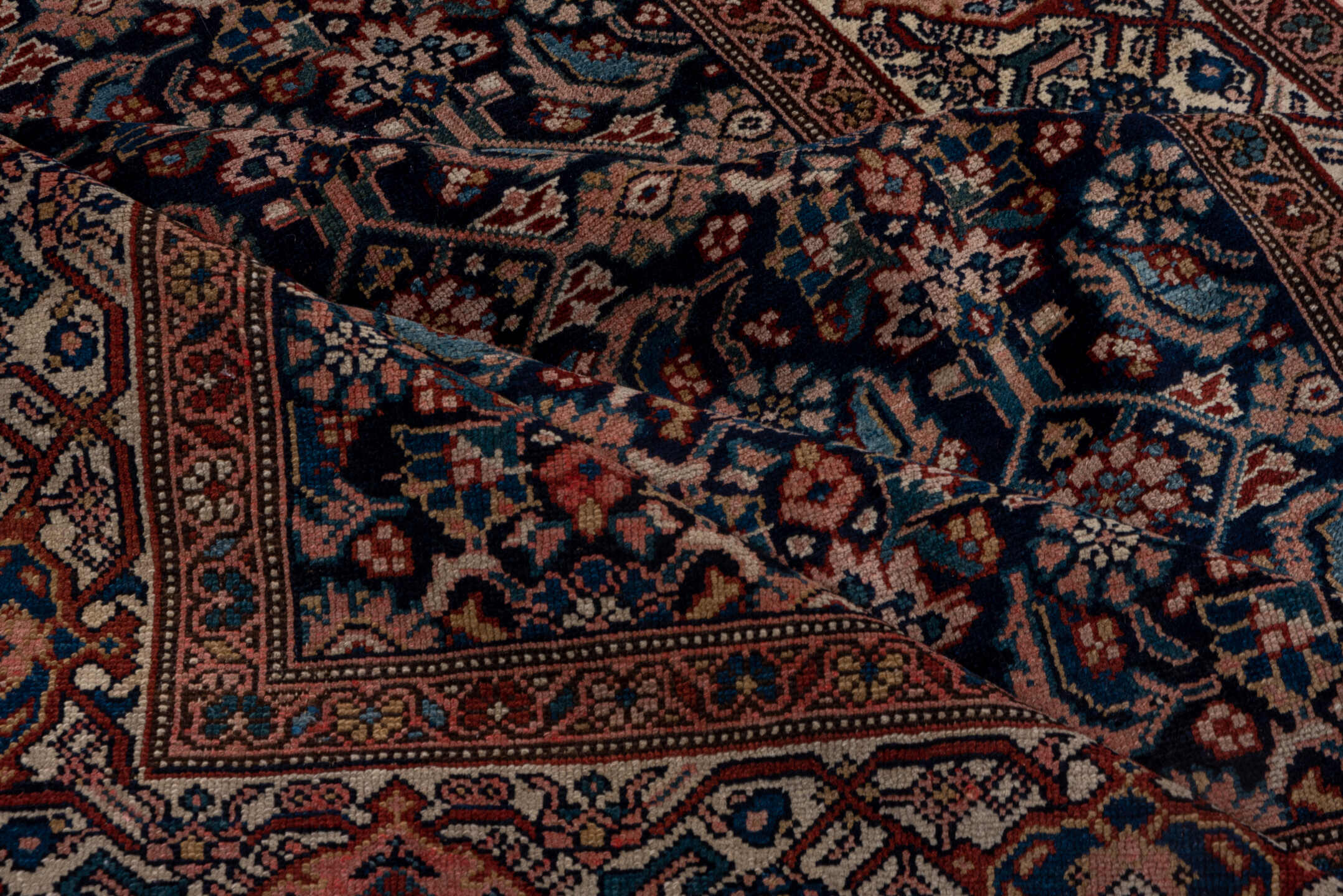 5' x 14' one-of-a-kind handmade antique Malayer rug. Color palette: navy, ivory, rust, indigo, camel, rose, sienna, blue