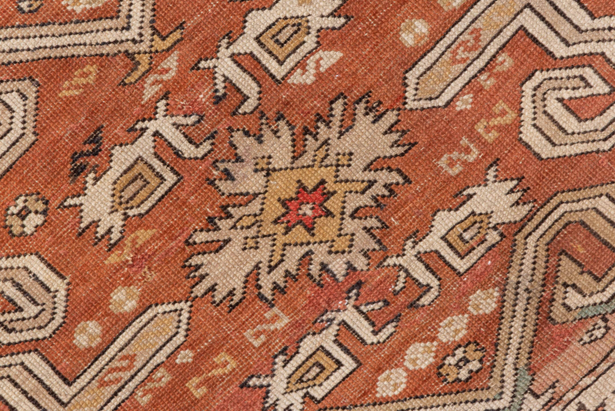 3' x 5' one-of-a-kind handmade antique Shirvan small size rug. Color palette: rust, ivory, camel, taupe, brown, blue, sage
