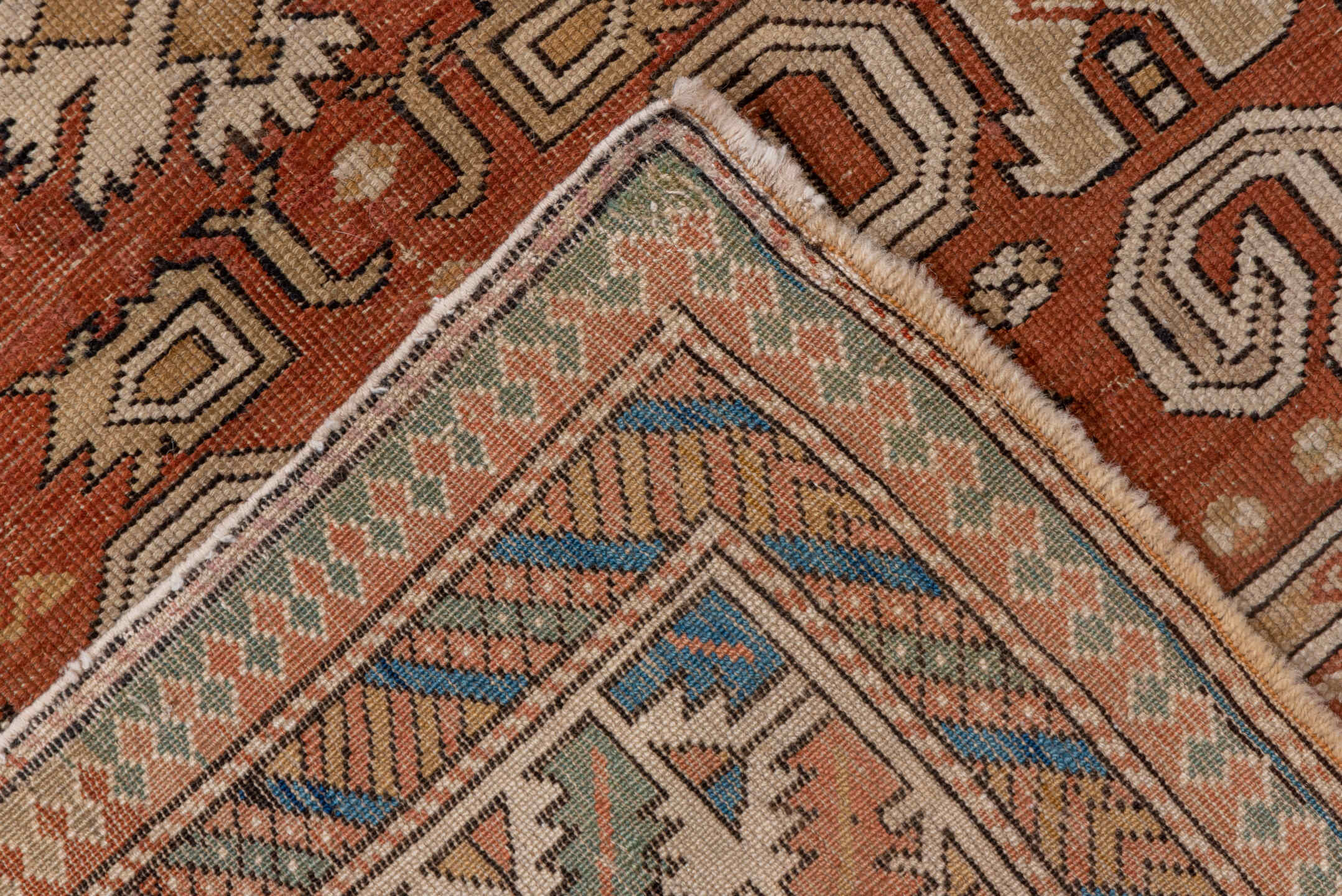 3' x 5' one-of-a-kind handmade antique Shirvan small size rug. Color palette: rust, ivory, camel, taupe, brown, blue, sage