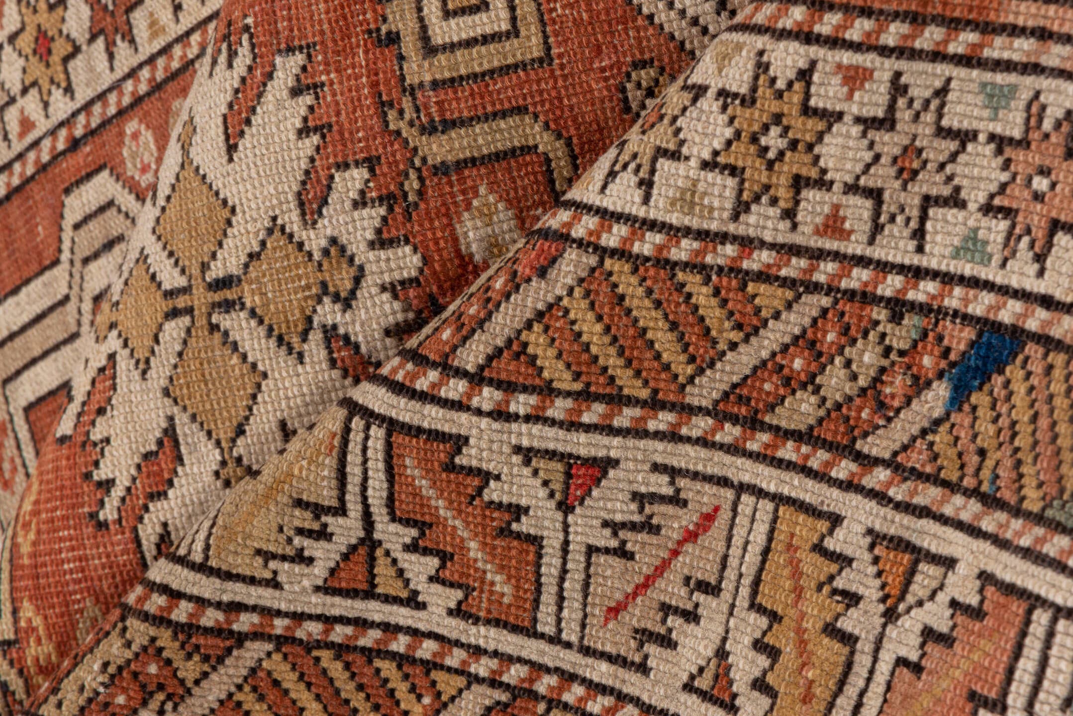 3' x 5' one-of-a-kind handmade antique Shirvan small size rug. Color palette: rust, ivory, camel, taupe, brown, blue, sage
