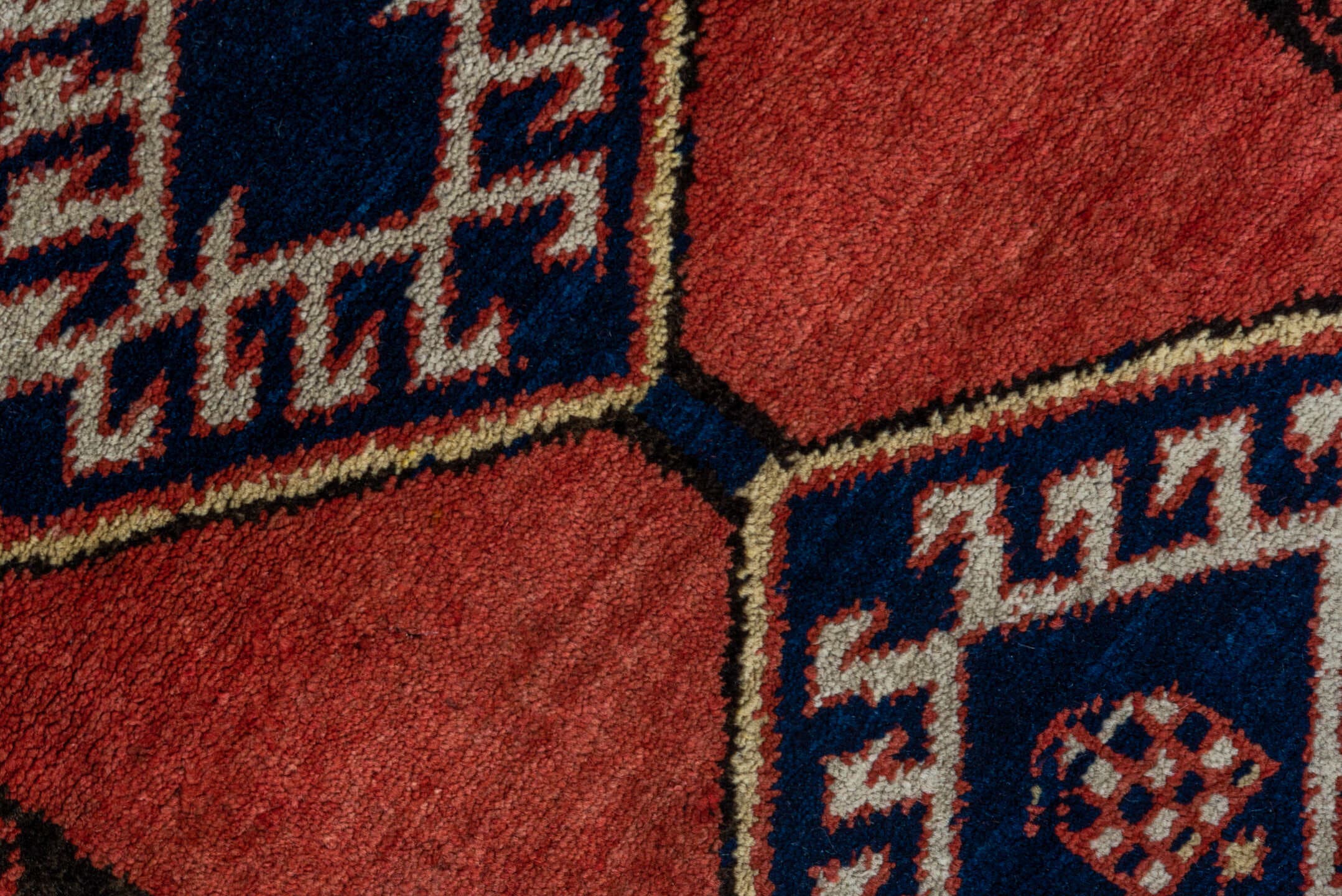 2' x 9' one-of-a-kind handmade antique Sarab runner rug. Color palette: terra cotta, ivory, navy, rust, charcoal, camel