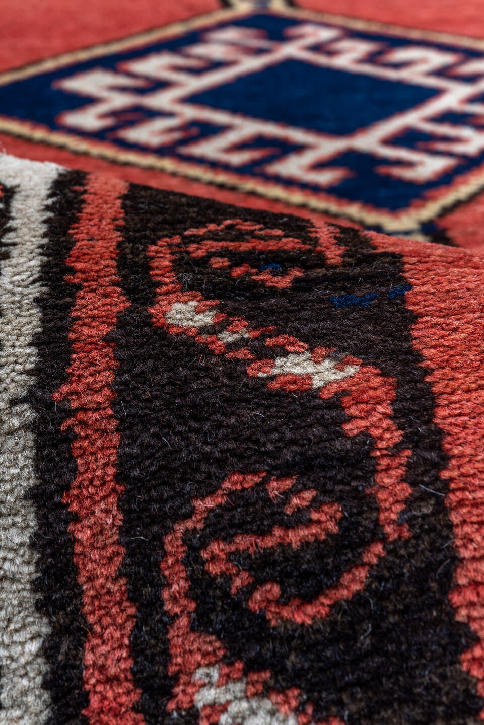 2' x 9' one-of-a-kind handmade antique Sarab runner rug. Color palette: terra cotta, ivory, navy, rust, charcoal, camel