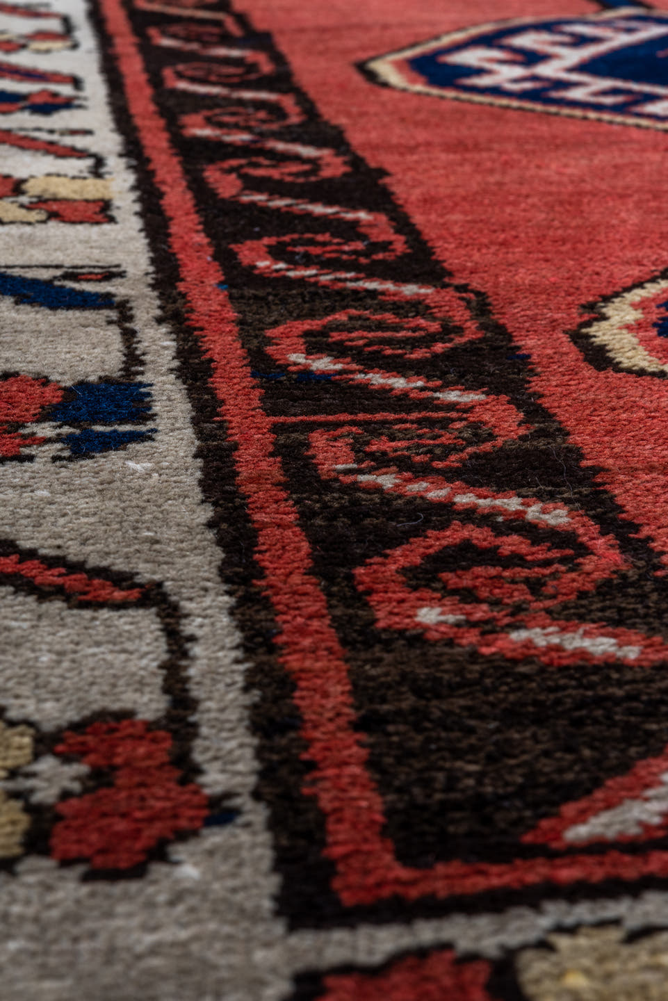 2' x 9' one-of-a-kind handmade antique Sarab runner rug. Color palette: terra cotta, ivory, navy, rust, charcoal, camel