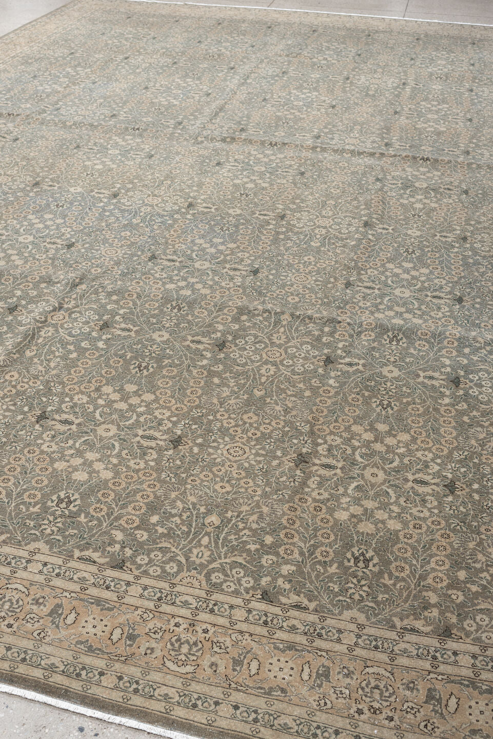 11' x 15' one-of-a-kind handmade antique Hereke oversize rug. Color palette: blue gray, ivory, taupe, sage, cream, slate