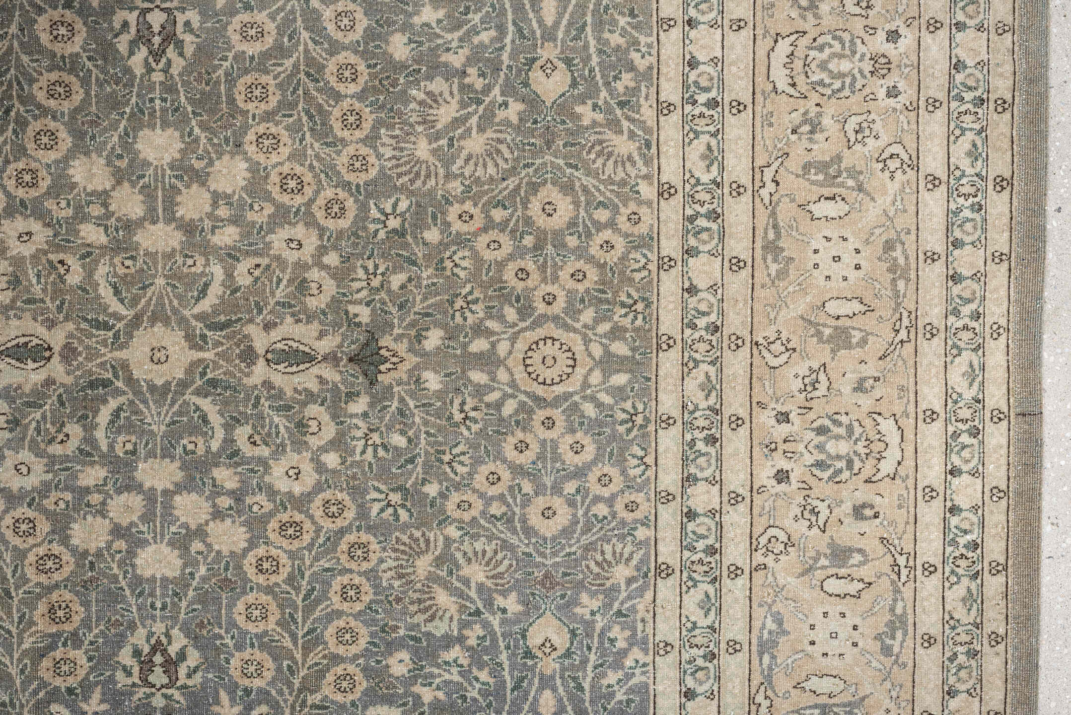 11' x 15' one-of-a-kind handmade antique Hereke oversize rug. Color palette: blue gray, ivory, taupe, sage, cream, slate