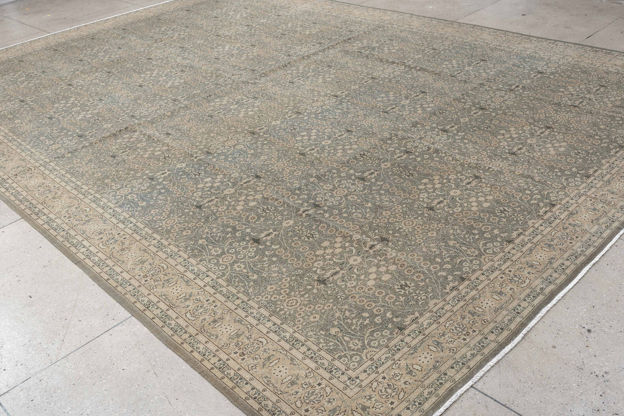 11' x 15' one-of-a-kind handmade antique Hereke oversize rug. Color palette: blue gray, ivory, taupe, sage, cream, slate