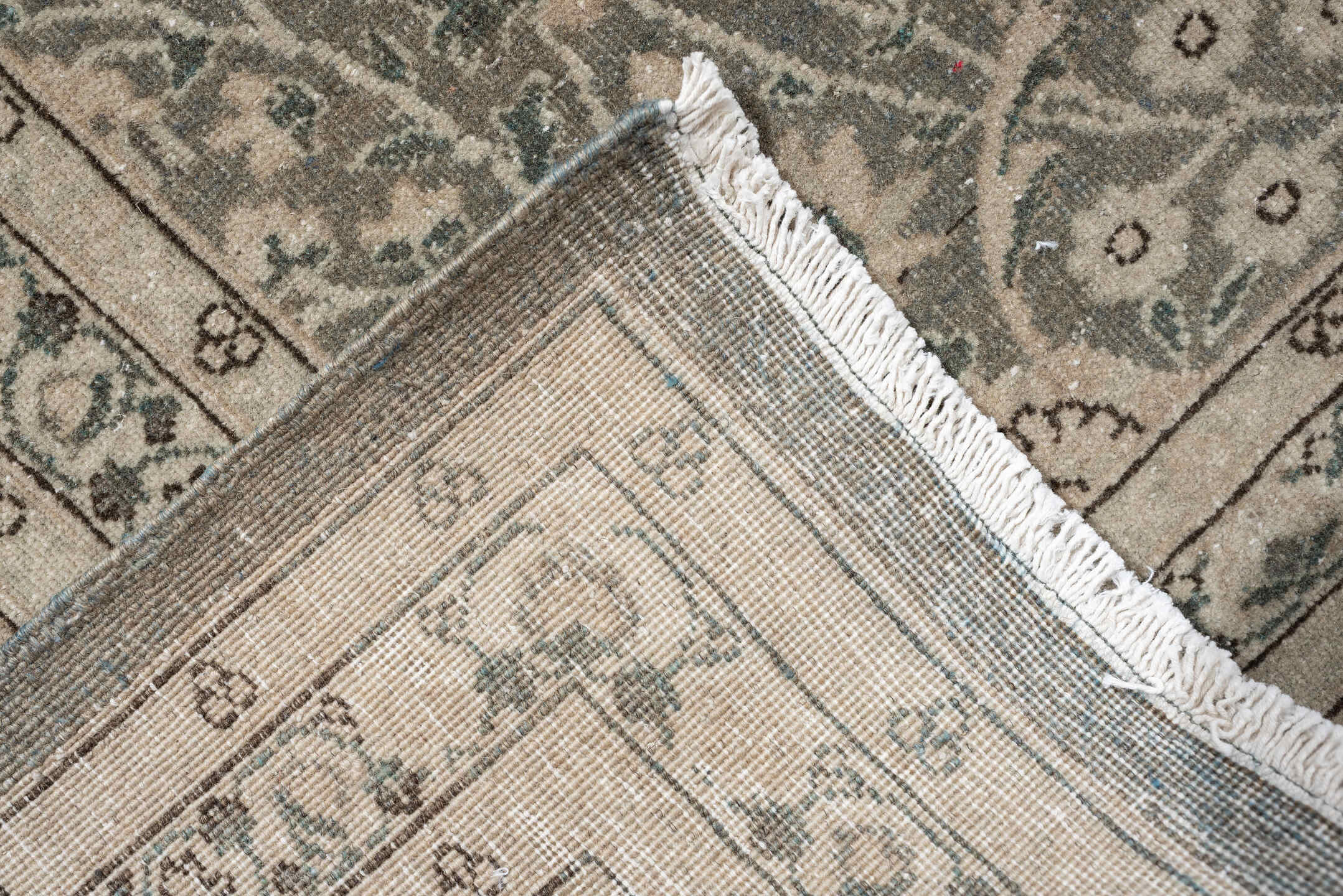 11' x 15' one-of-a-kind handmade antique Hereke oversize rug. Color palette: blue gray, ivory, taupe, sage, cream, slate
