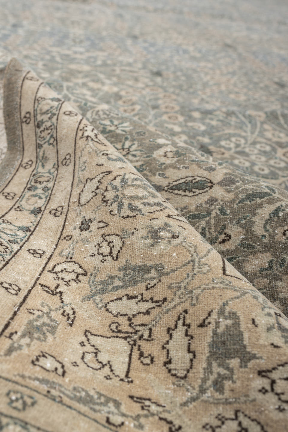 11' x 15' one-of-a-kind handmade antique Hereke oversize rug. Color palette: blue gray, ivory, taupe, sage, cream, slate