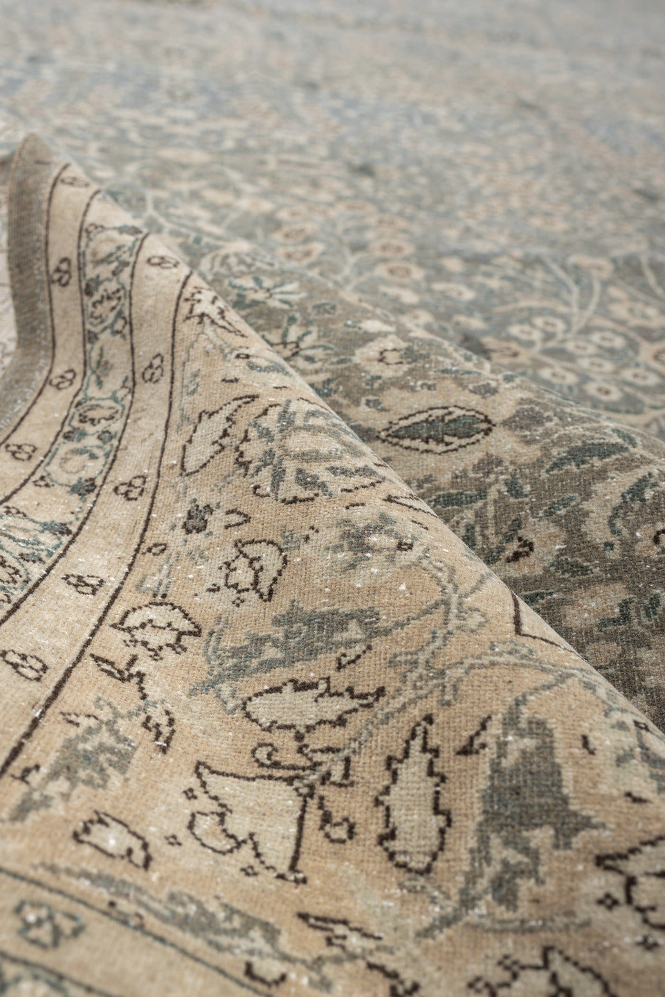 11' x 15' one-of-a-kind handmade antique Hereke oversize rug. Color palette: blue gray, ivory, taupe, sage, cream, slate
