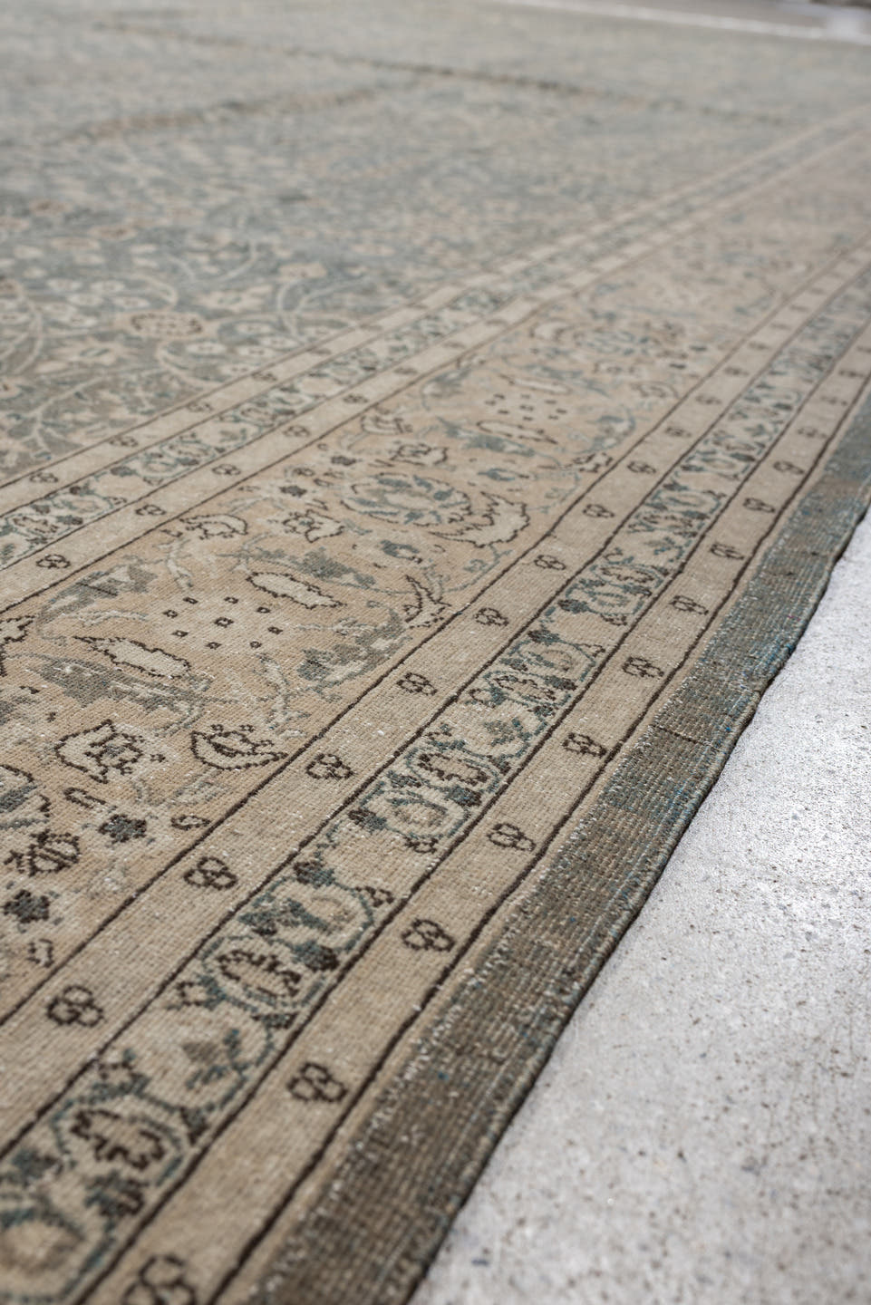 11' x 15' one-of-a-kind handmade antique Hereke oversize rug. Color palette: blue gray, ivory, taupe, sage, cream, slate