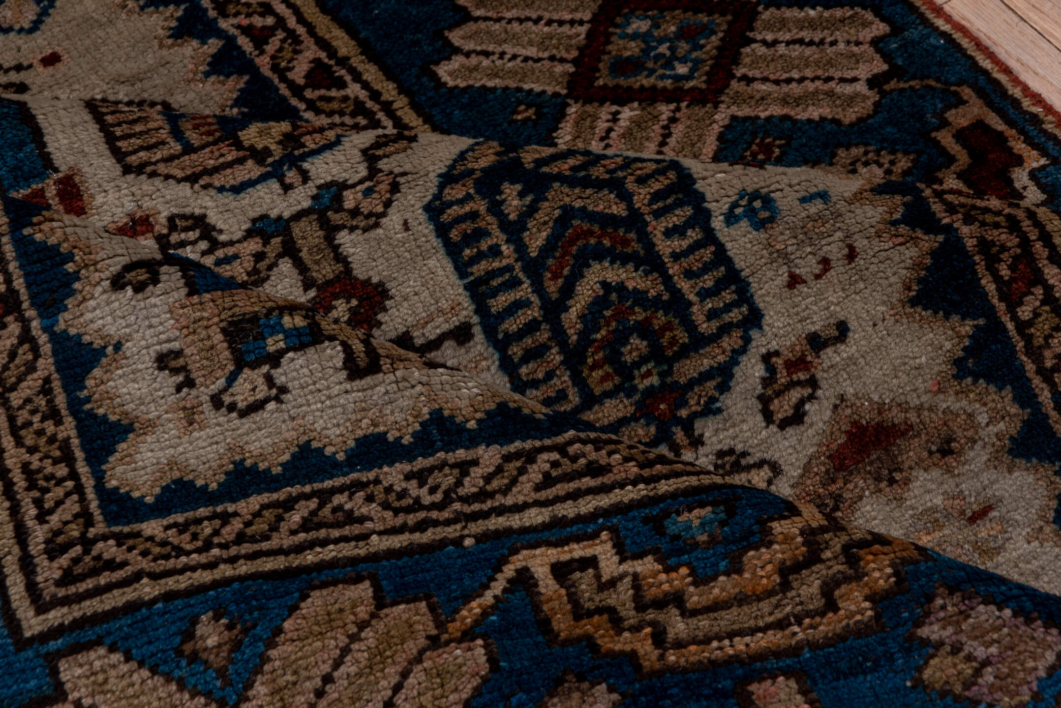 3' x 9' one-of-a-kind handmade vintage NW Persian runner rug. Color palette: black, blue, brown, charcoal, gray