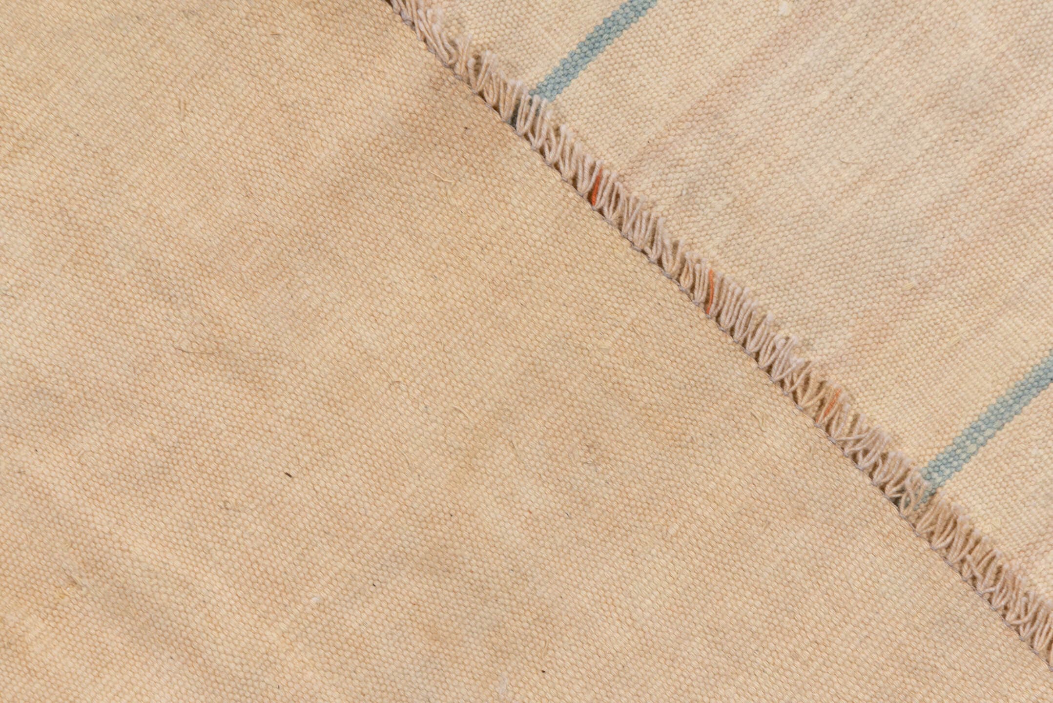 13' x 17' one-of-a-kind handmade antique Dhurrie oversize rug. Color palette: ivory, cream, pale blue, beige, light blue