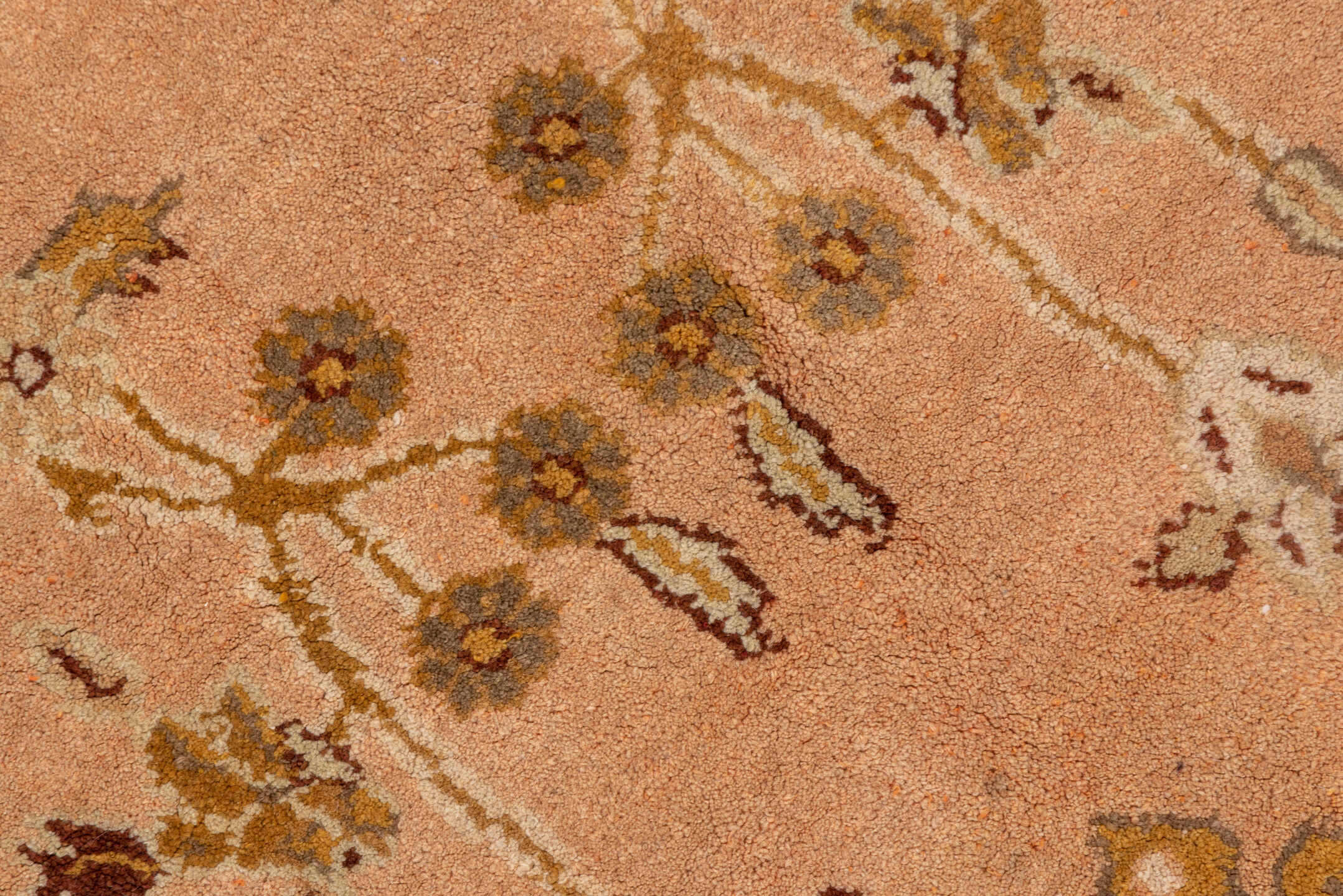 5' x 10' one-of-a-kind handmade antique Agra medium size rug. Color palette: peach, camel, ivory, taupe, gold, olive, brown