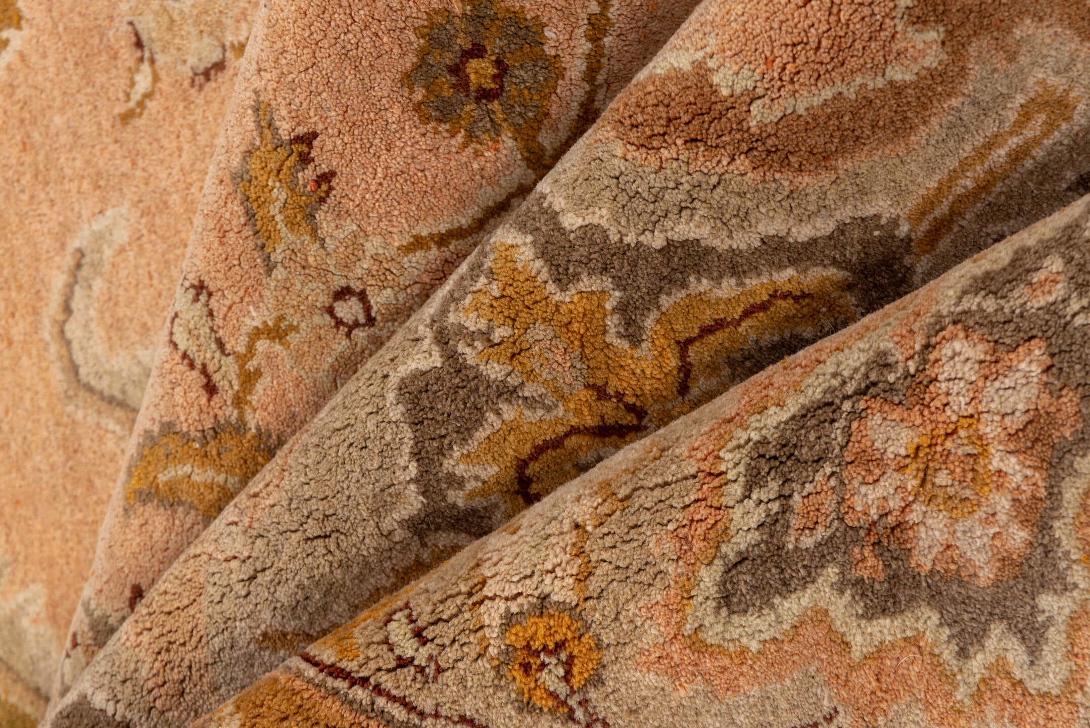 5' x 10' one-of-a-kind handmade antique Agra medium size rug. Color palette: peach, camel, ivory, taupe, gold, olive, brown