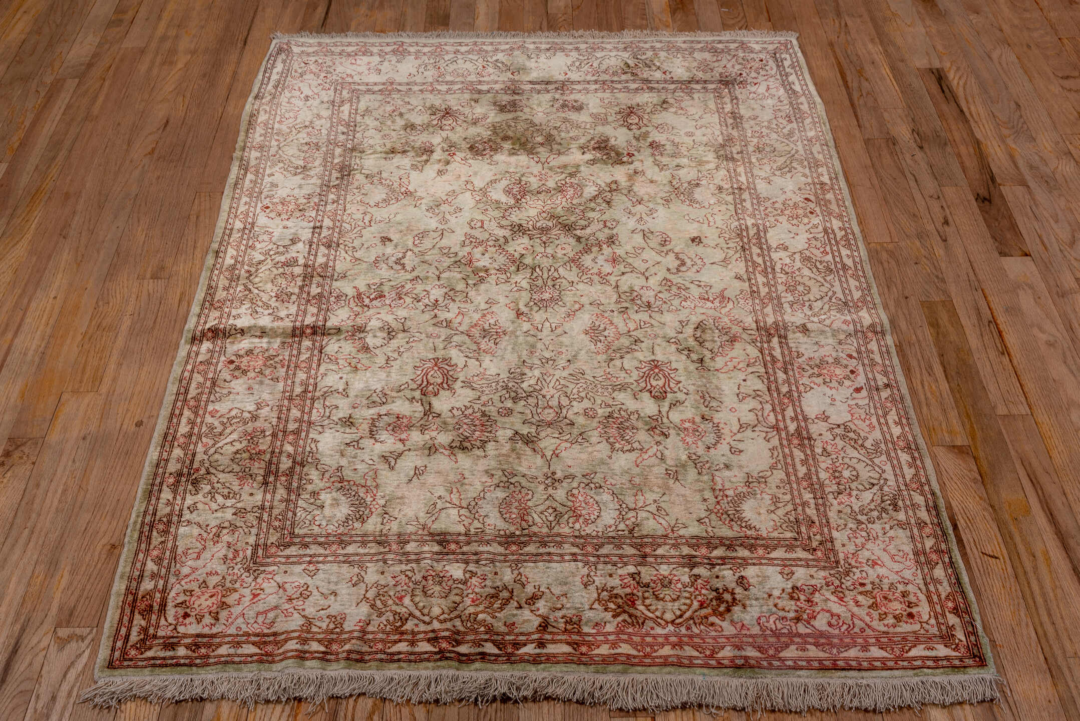 4' x 5' one-of-a-kind handmade antique Hereke small size rug. Color palette: ivory, blush, sage, rust, taupe, rose, camel