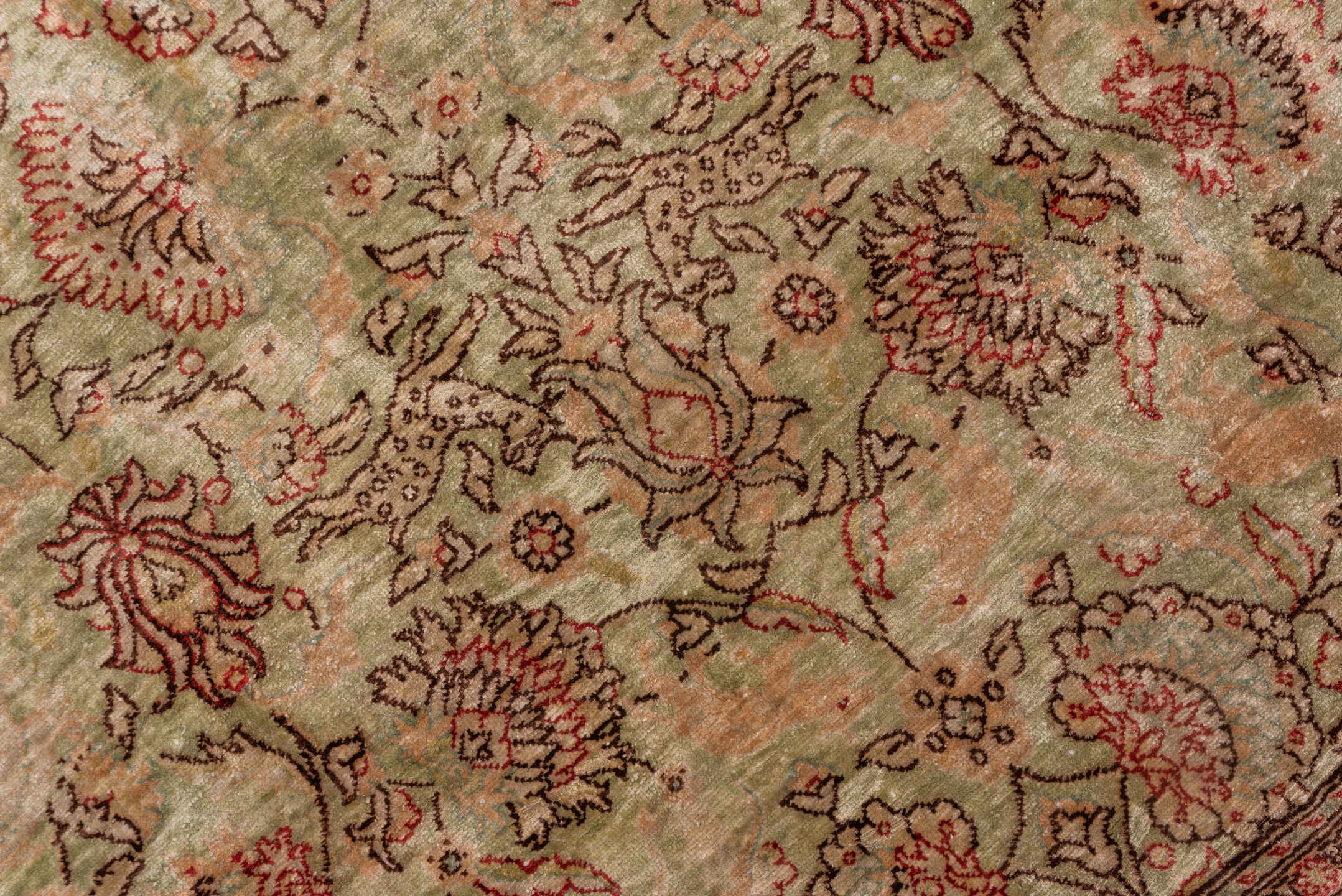 4' x 5' one-of-a-kind handmade antique Hereke small size rug. Color palette: ivory, blush, sage, rust, taupe, rose, camel