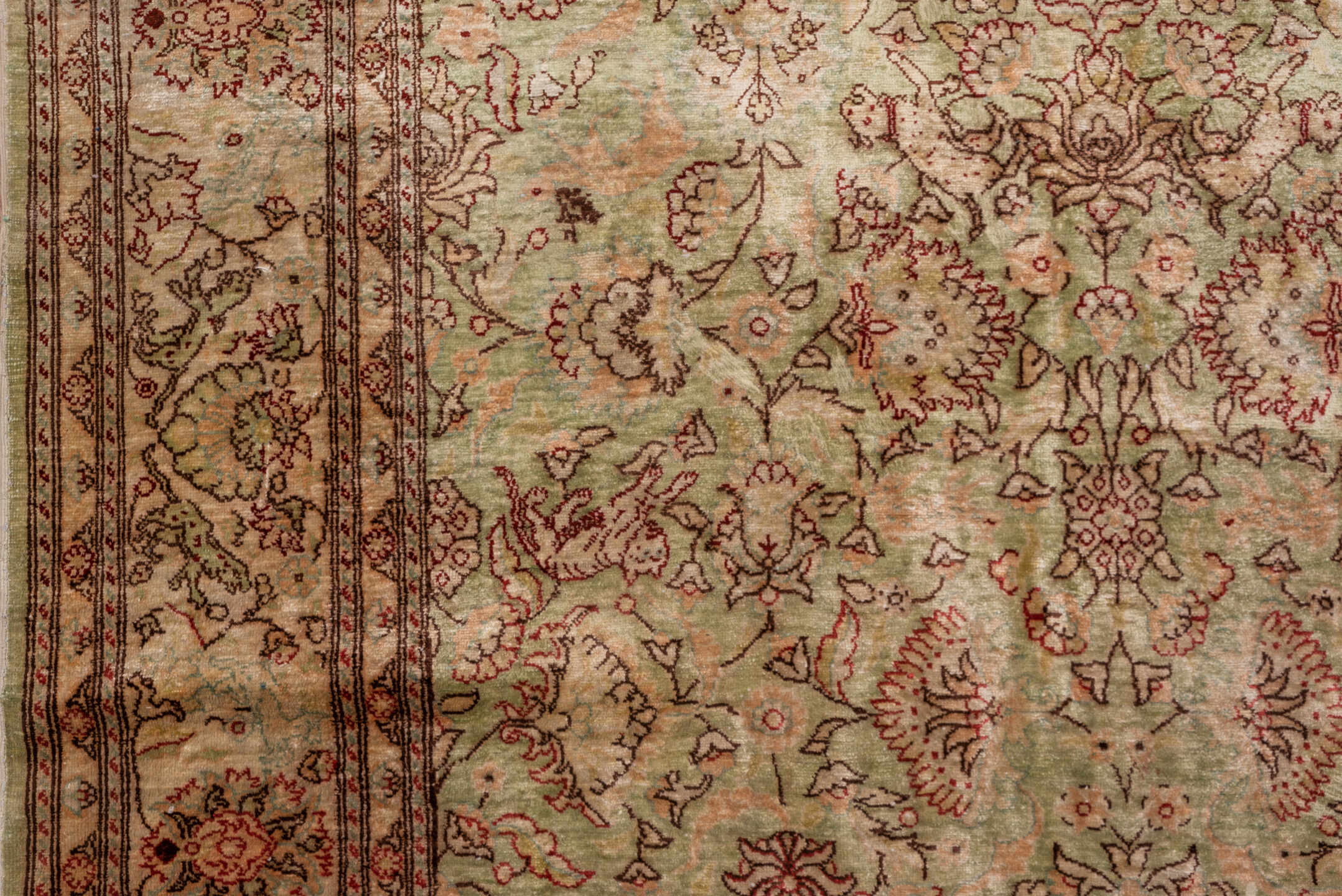 4' x 5' one-of-a-kind handmade antique Hereke small size rug. Color palette: ivory, blush, sage, rust, taupe, rose, camel
