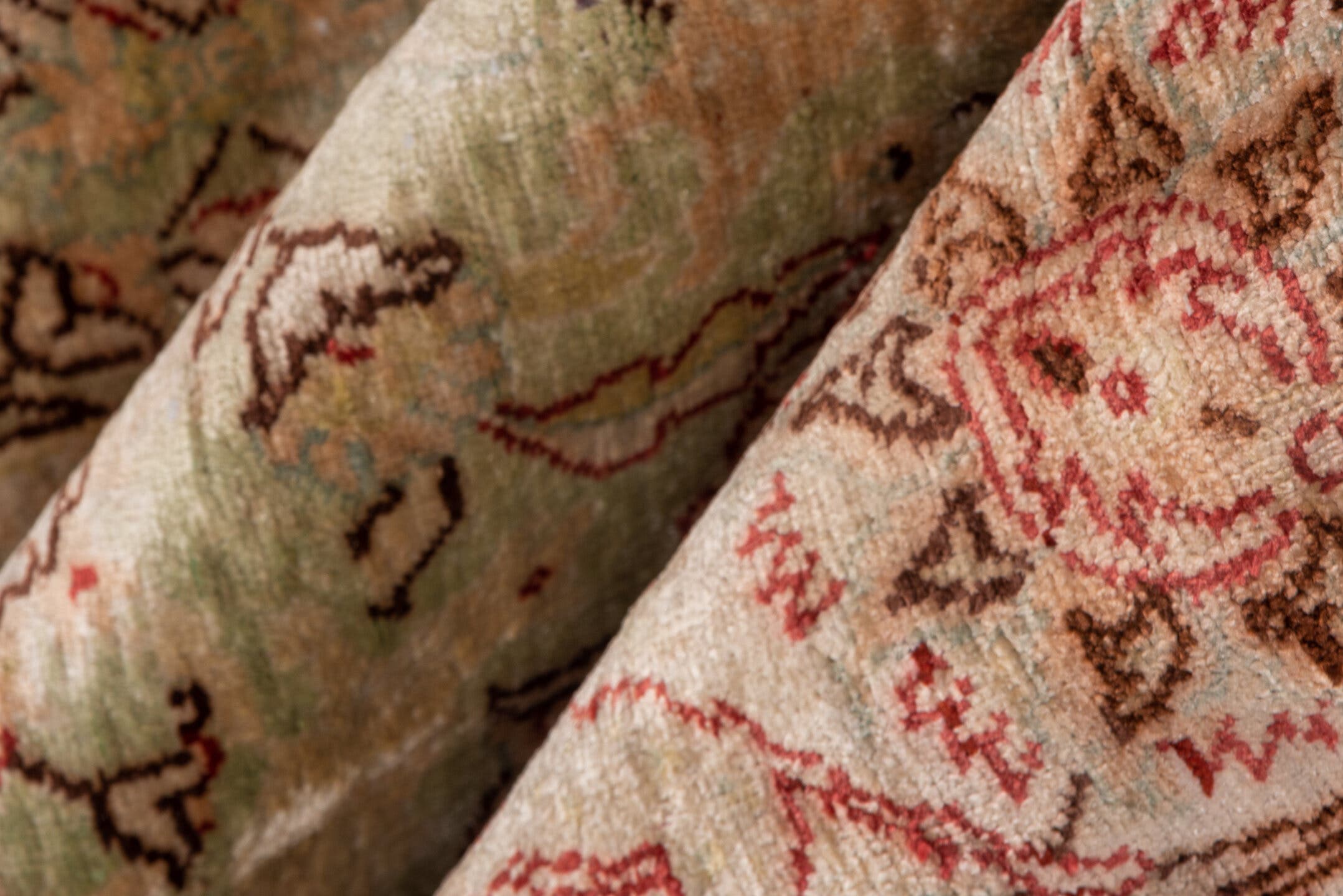 4' x 5' one-of-a-kind handmade antique Hereke small size rug. Color palette: ivory, blush, sage, rust, taupe, rose, camel