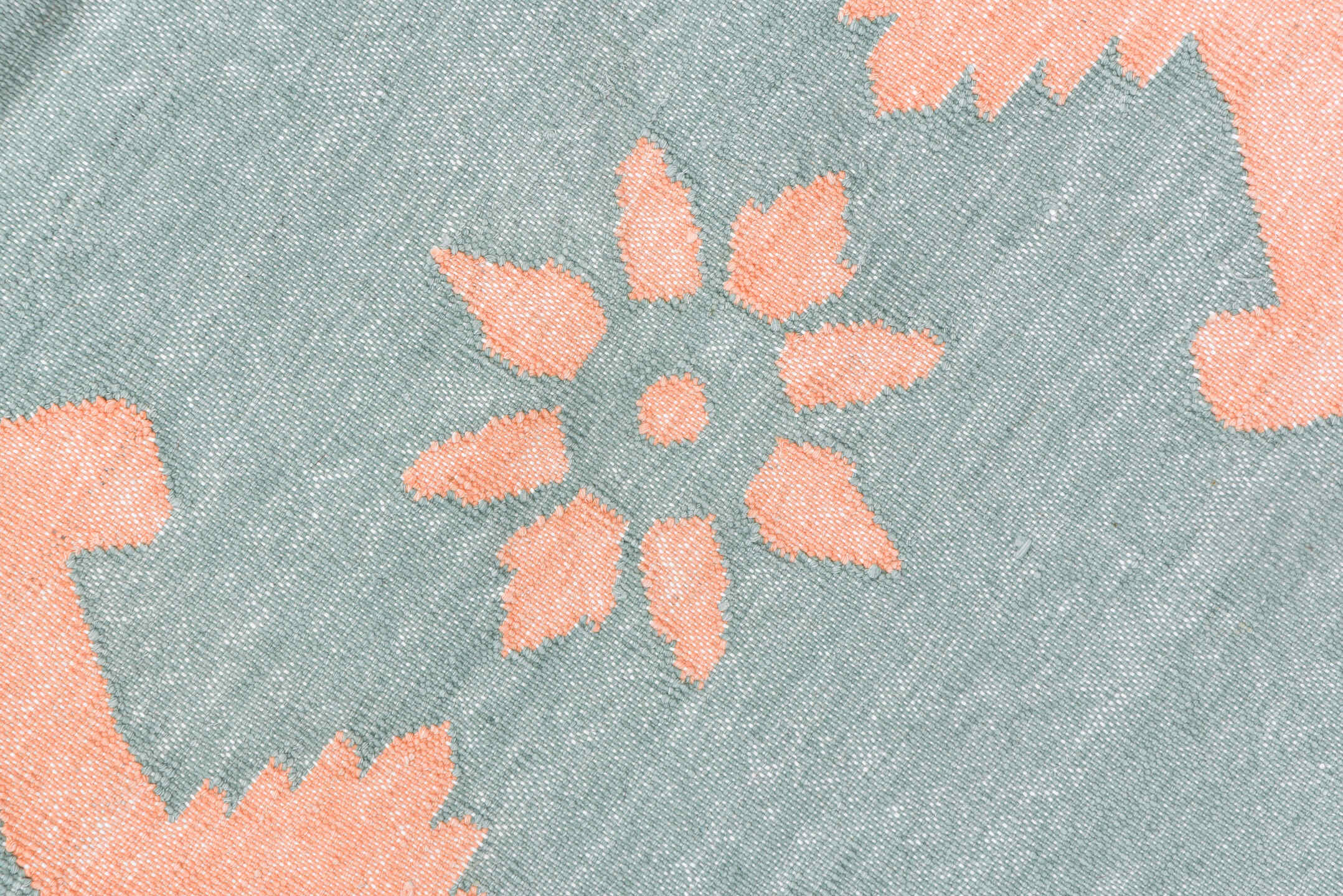 8' x 9' one-of-a-kind handmade vintage Dhurrie rug. Color palette: aqua, peach, ivory, teal, terracotta, pink