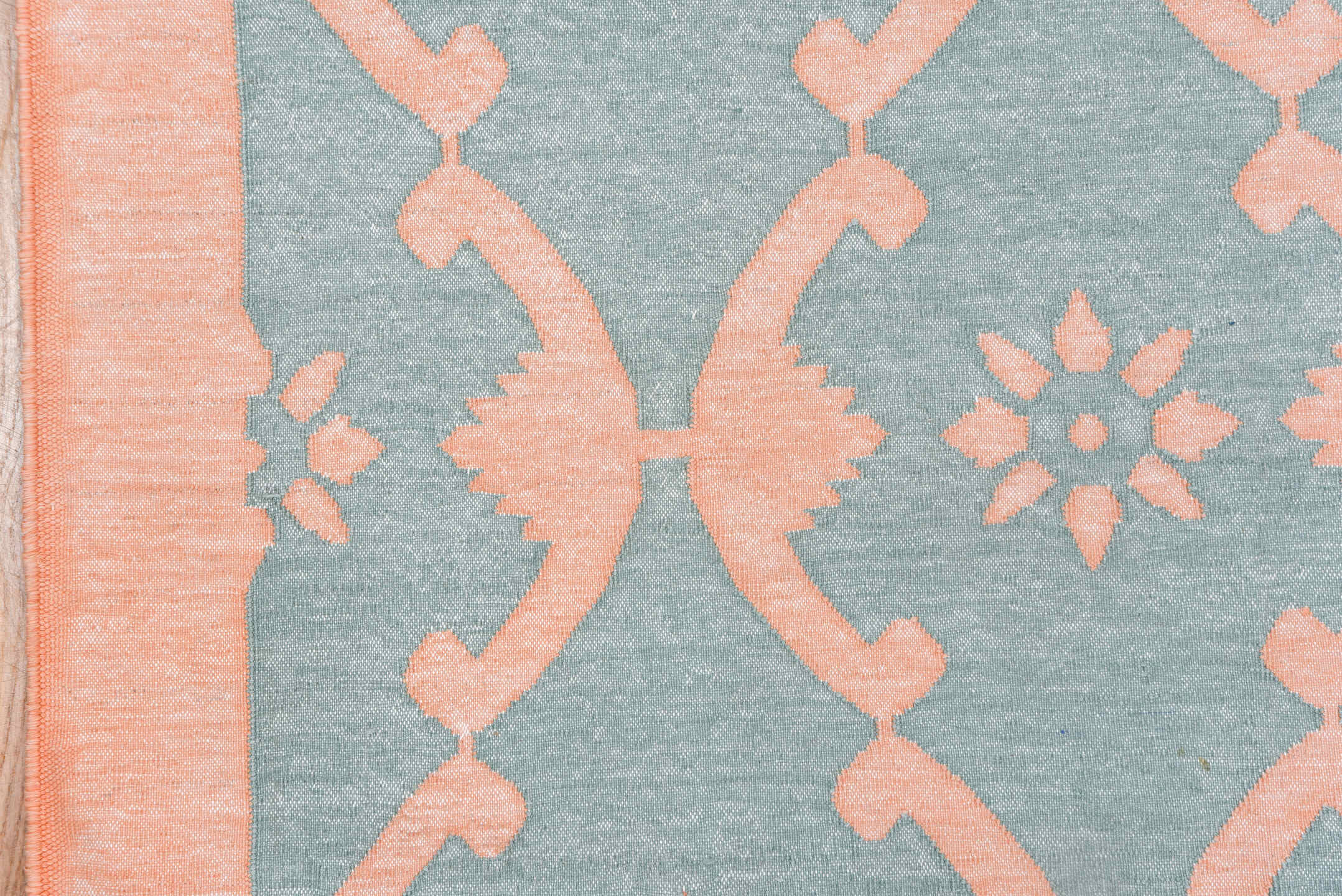 8' x 9' one-of-a-kind handmade vintage Dhurrie rug. Color palette: aqua, peach, ivory, teal, terracotta, pink