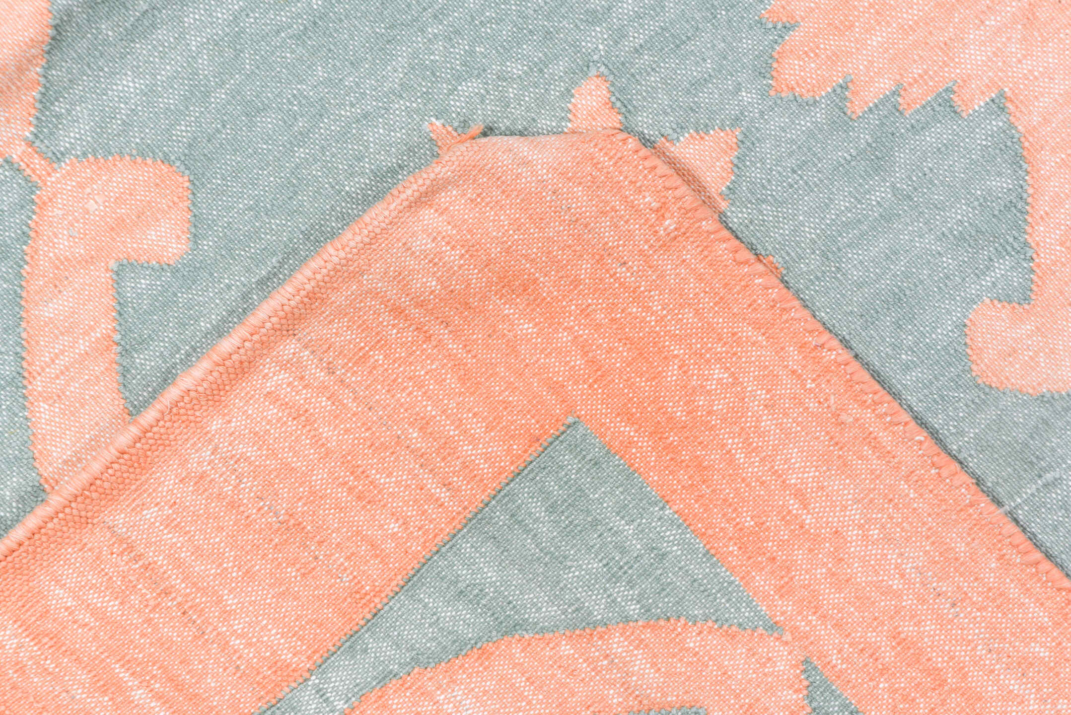 8' x 9' one-of-a-kind handmade vintage Dhurrie rug. Color palette: aqua, peach, ivory, teal, terracotta, pink
