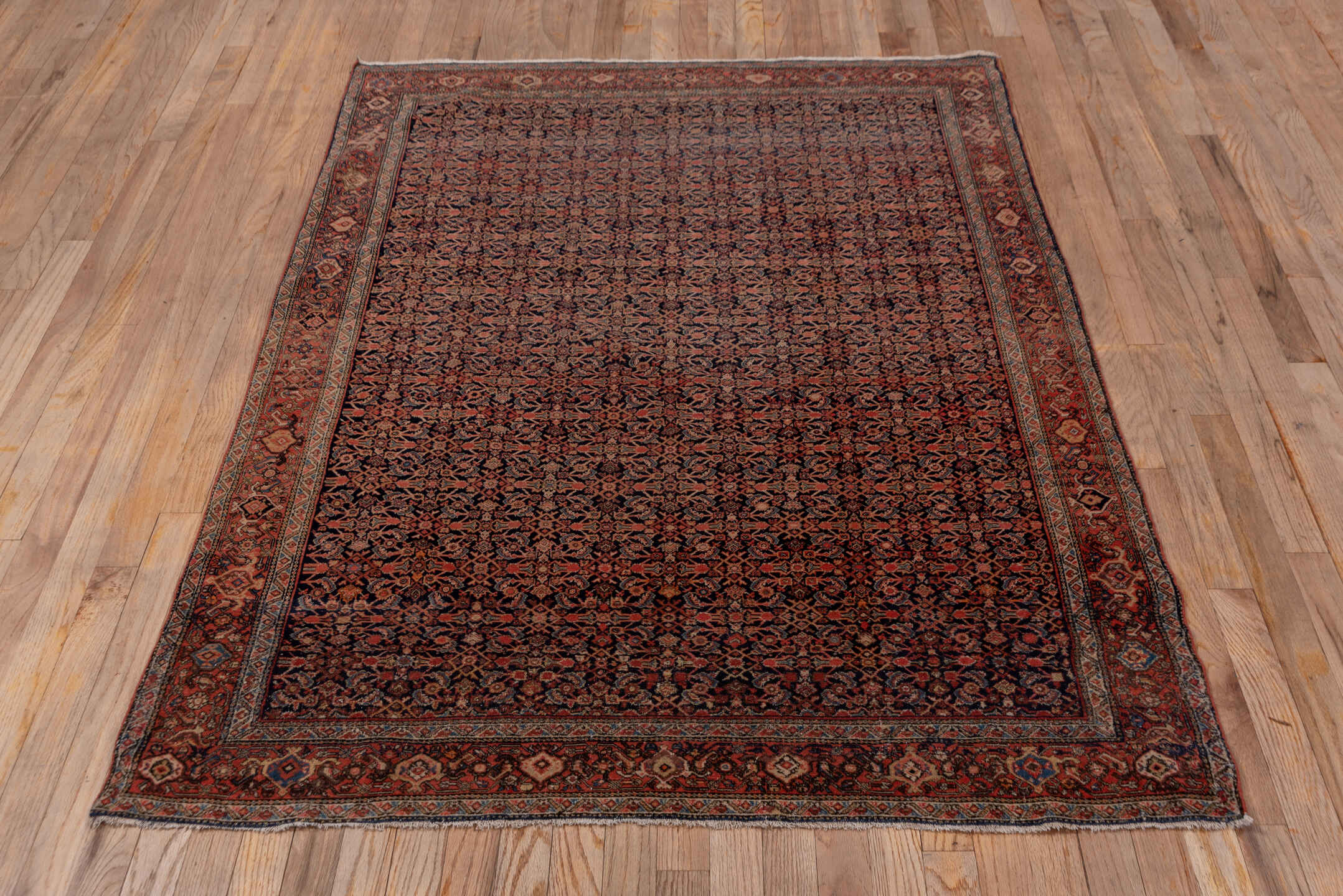 4' x 6' one-of-a-kind handmade vintage Far.Sarouk small size rug. Color palette: navy, rust, rose, ivory, burgundy, slate