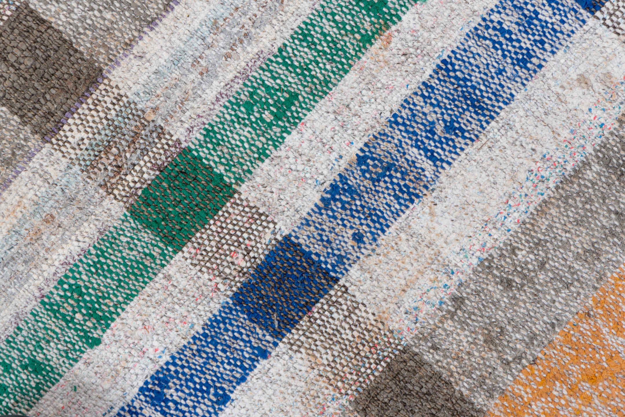 6' x 8' one-of-a-kind handmade antique Rag Rug medium size rug. Color palette: ivory, taupe, charcoal, sage, saffron, peach