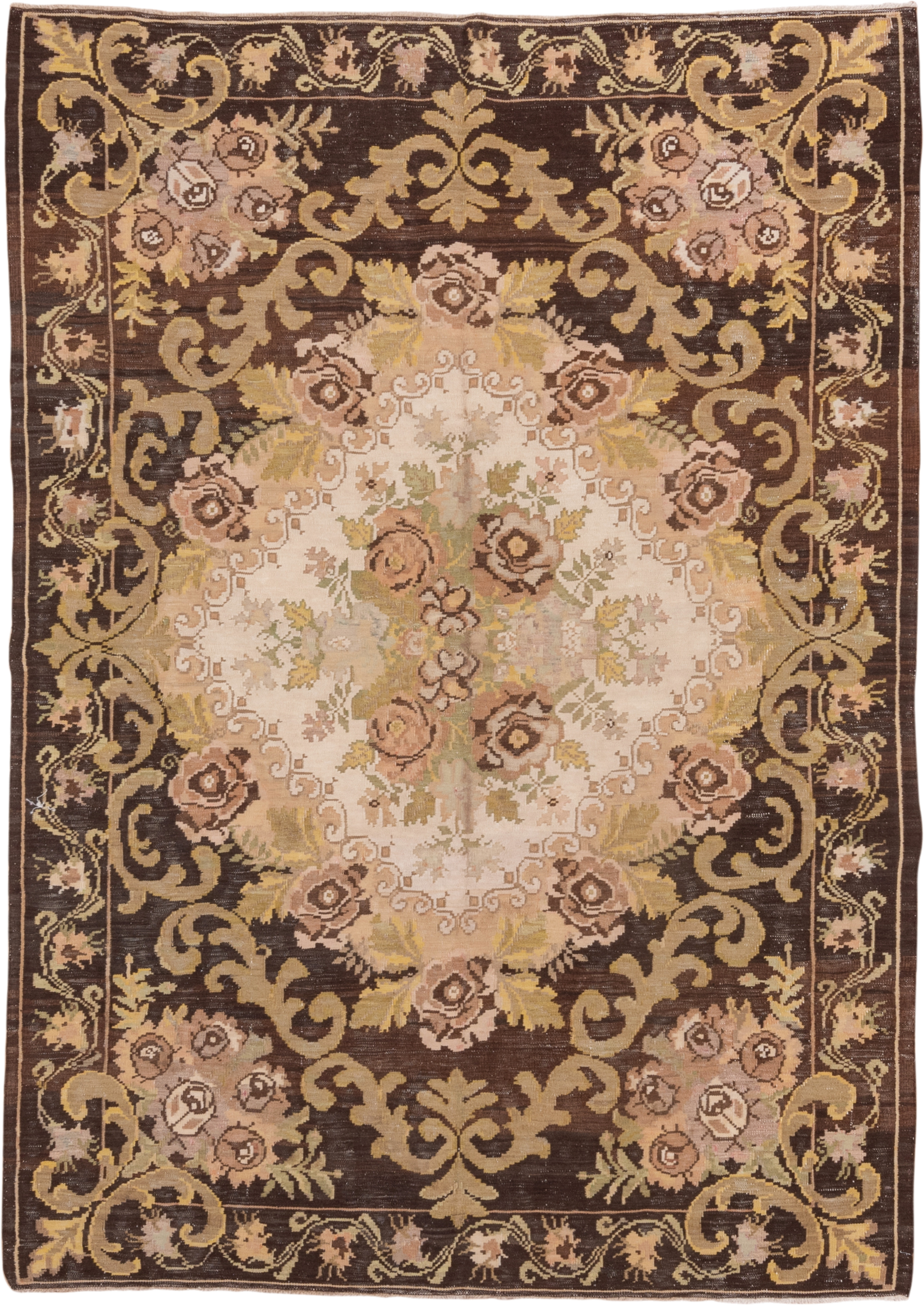 6' x 8' one-of-a-kind handmade antique Kilim medium size rug. Color palette: brown, ivory, taupe, blush, olive, gold, camel