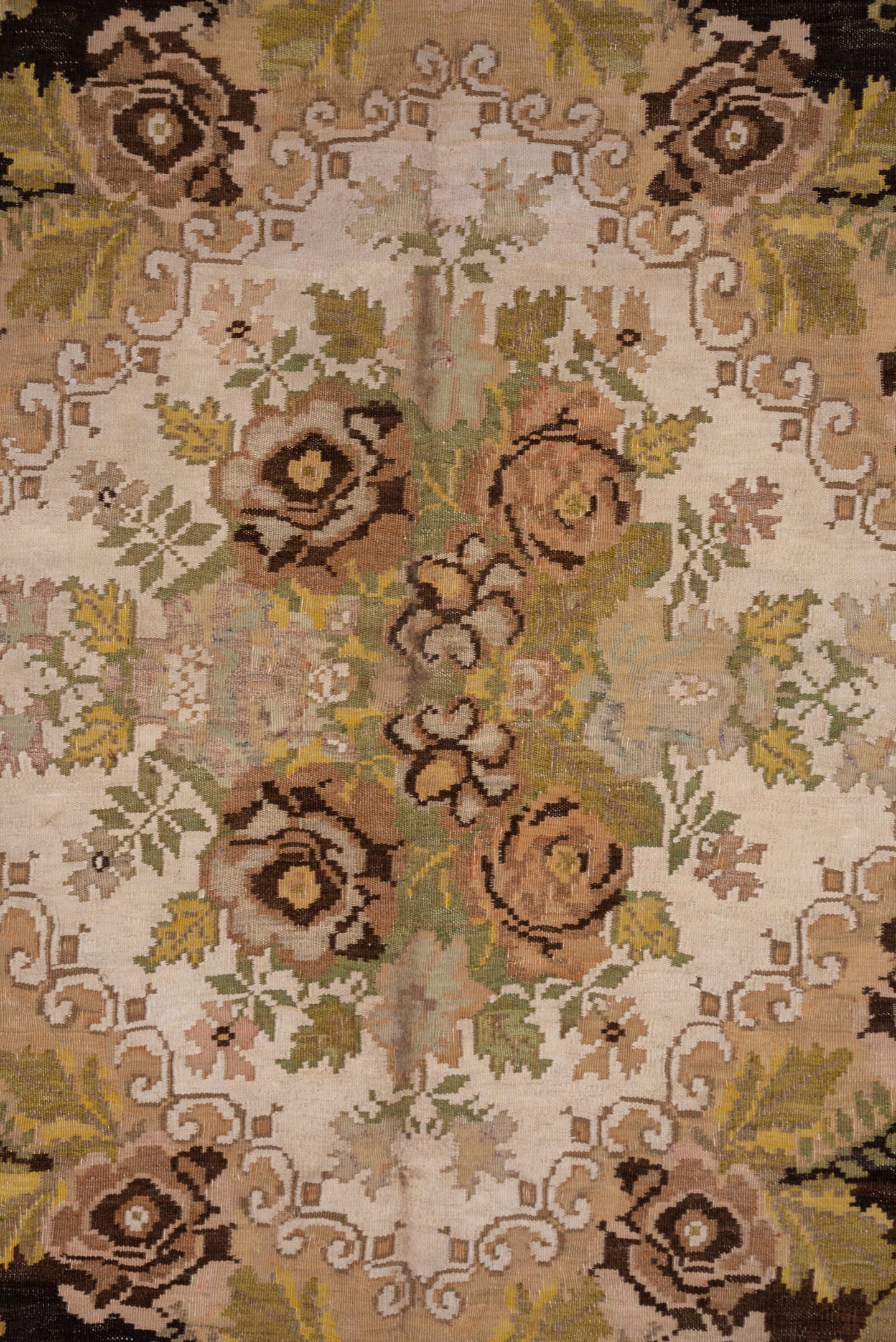 6' x 8' one-of-a-kind handmade antique Kilim medium size rug. Color palette: brown, ivory, taupe, blush, olive, gold, camel