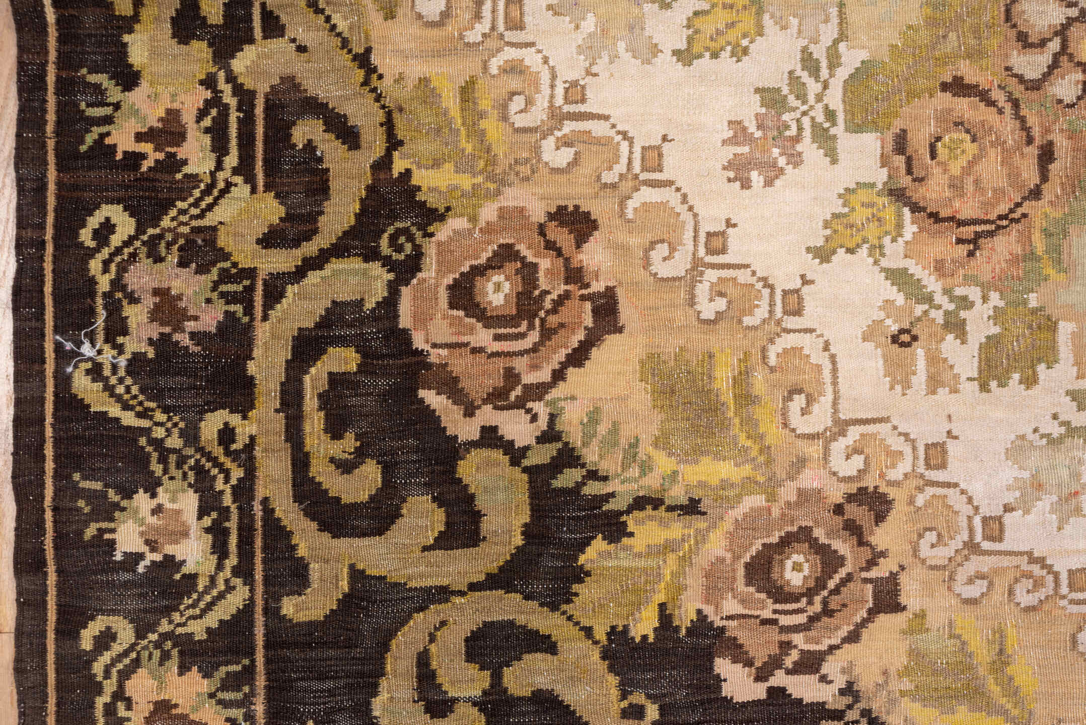 6' x 8' one-of-a-kind handmade antique Kilim medium size rug. Color palette: brown, ivory, taupe, blush, olive, gold, camel