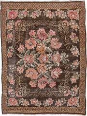 5' x 7' one-of-a-kind handmade antique Kilim rug. Color palette: brown, rose, camel, sage, taupe, ivory, coral, pink, red