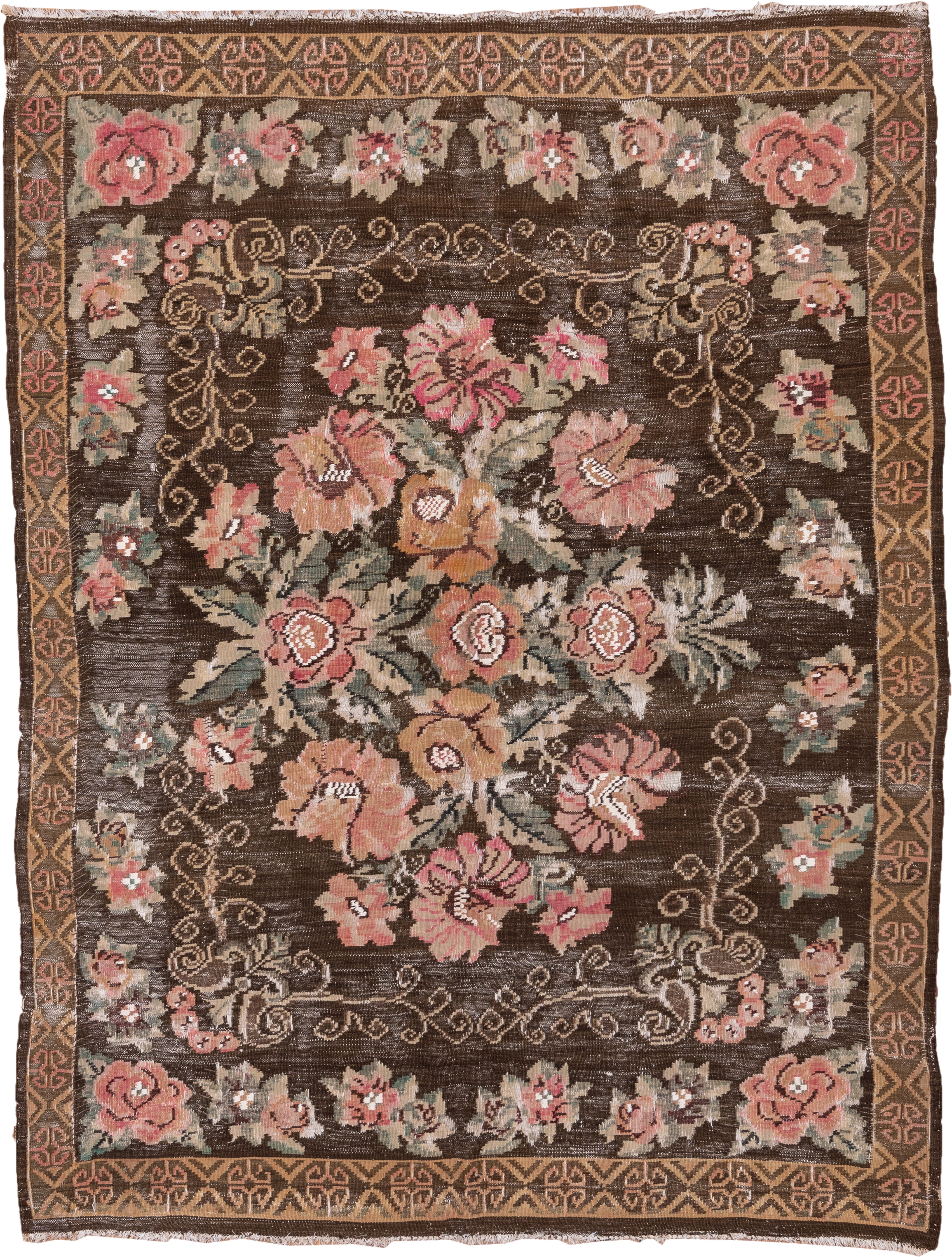 5' x 7' one-of-a-kind handmade antique Kilim rug. Color palette: brown, rose, camel, sage, taupe, ivory, coral, pink, red