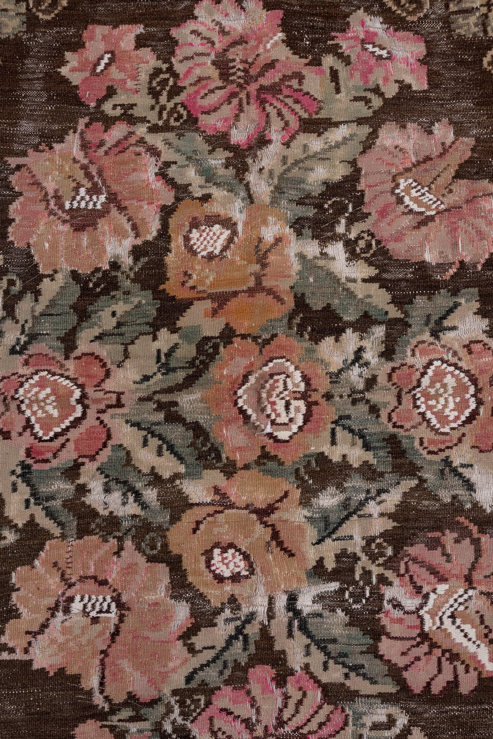 5' x 7' one-of-a-kind handmade antique Kilim rug. Color palette: brown, rose, camel, sage, taupe, ivory, coral, pink, red