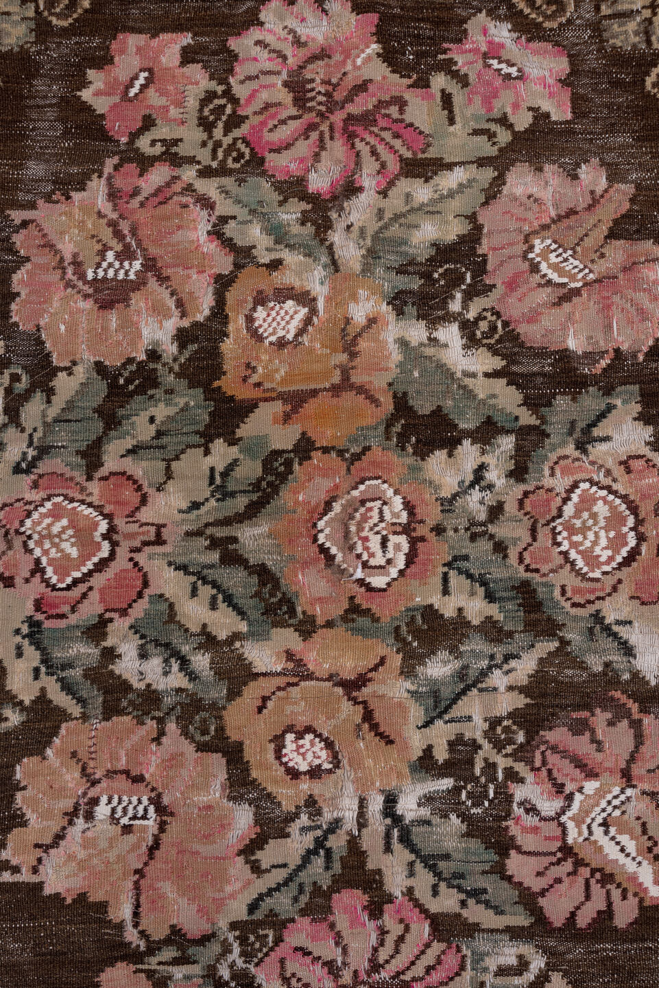 5' x 7' one-of-a-kind handmade antique Kilim rug. Color palette: brown, rose, camel, sage, taupe, ivory, coral, pink, red