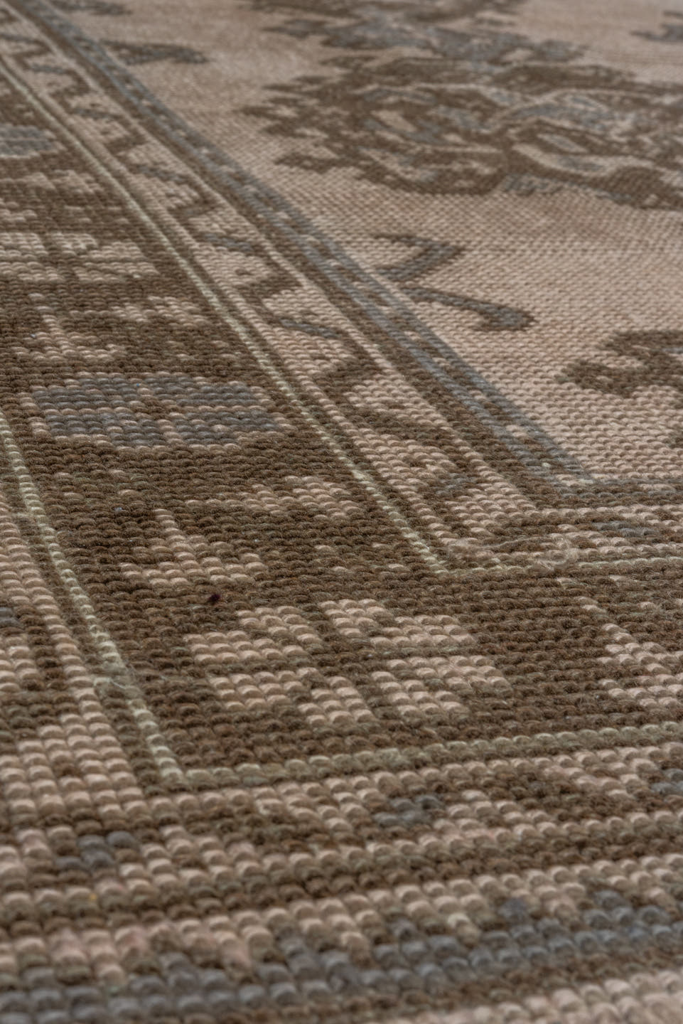 7' x 10' one-of-a-kind handmade antique Oushak large size rug. Color palette: taupe, brown, charcoal, greige, ivory, beige
