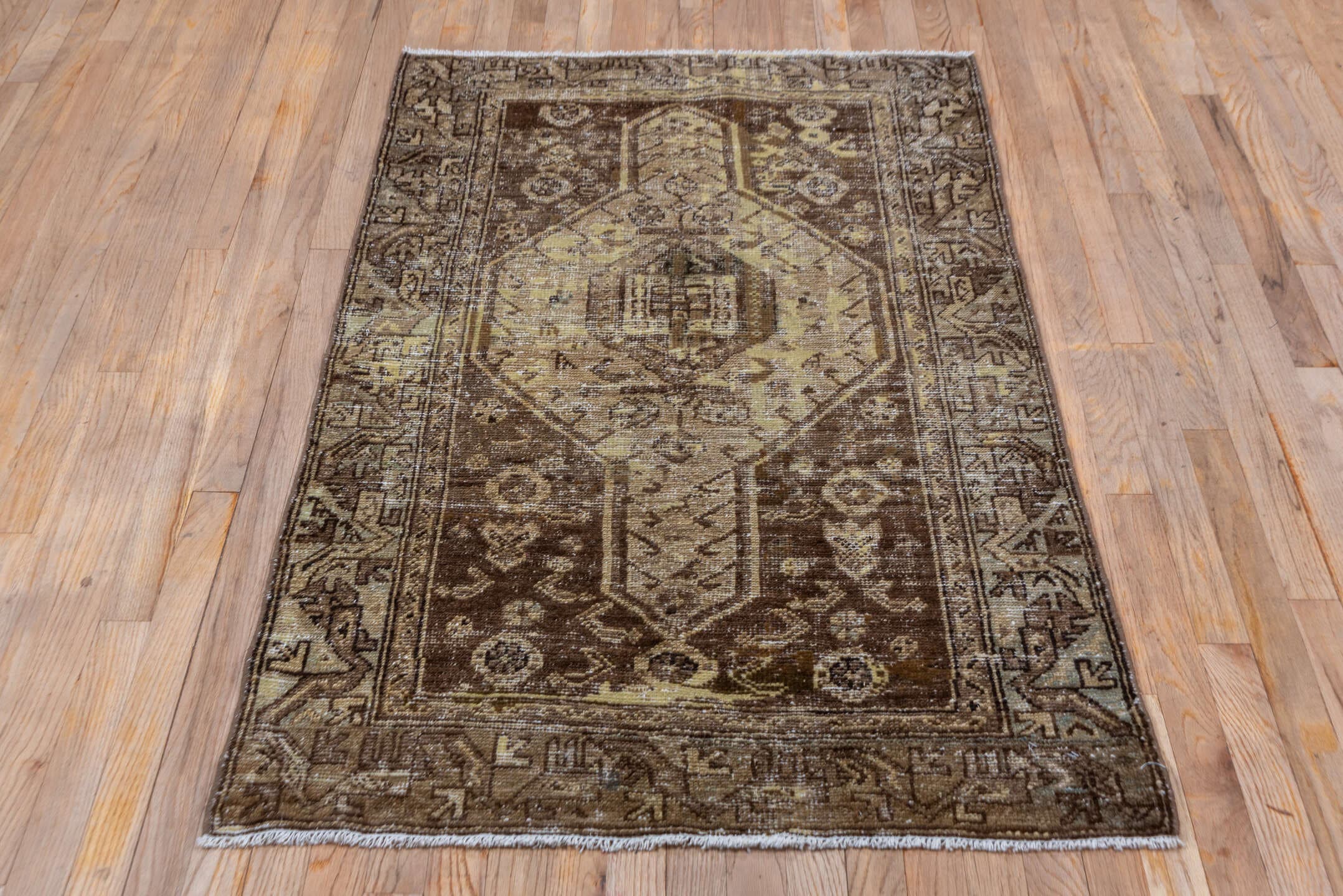 3' x 5' one-of-a-kind handmade antique Hamadan small size rug. Color palette: brown, ivory, taupe, camel, charcoal, beige