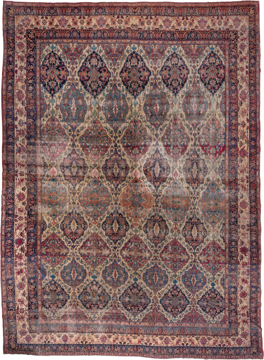 13' x 18' one-of-a-kind handmade antique Lavar oversize rug. Color palette: ivory, indigo, rust, rose, muted blue, burgundy