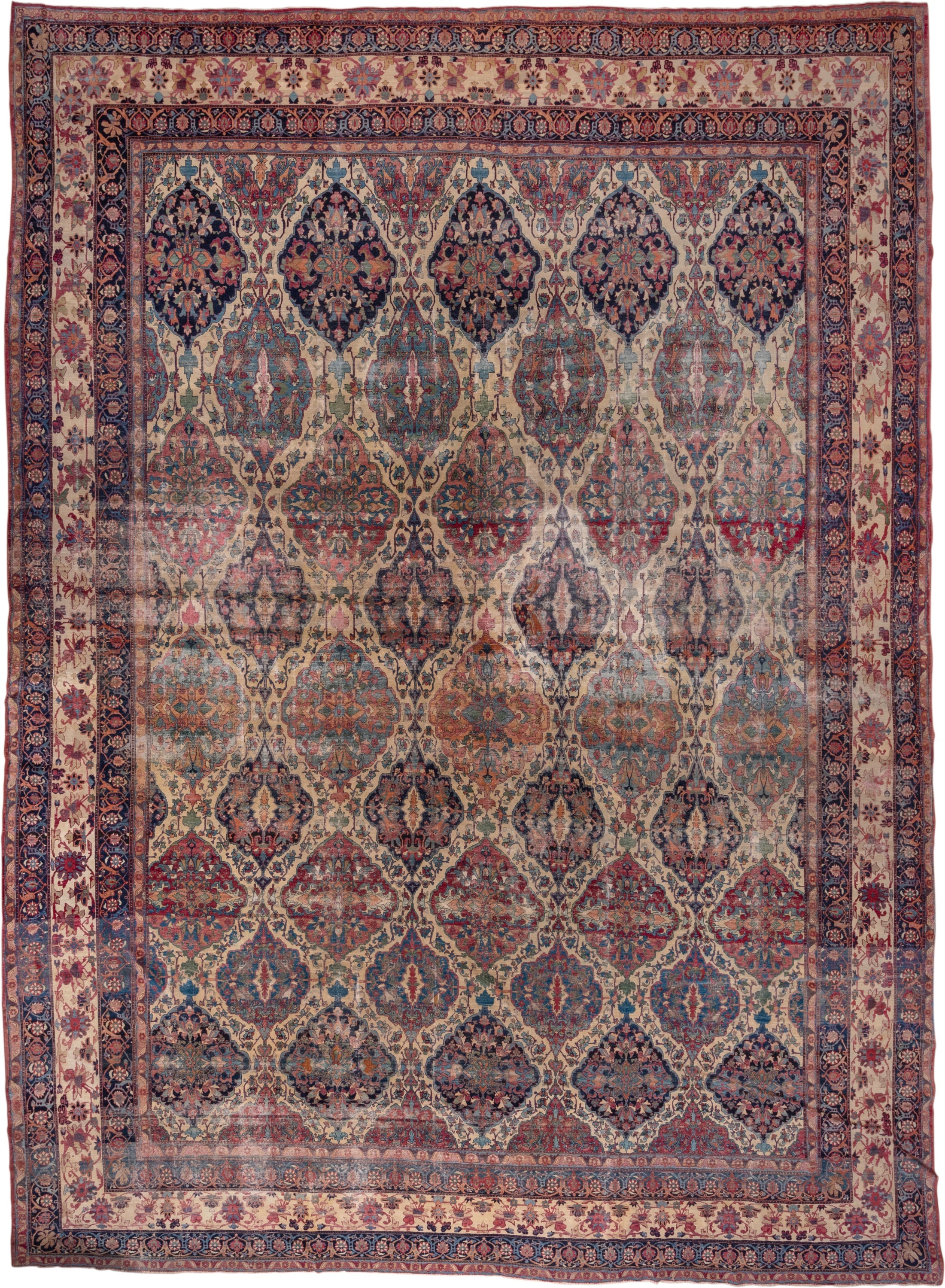 13' x 18' one-of-a-kind handmade antique Lavar oversize rug. Color palette: ivory, indigo, rust, rose, muted blue, burgundy