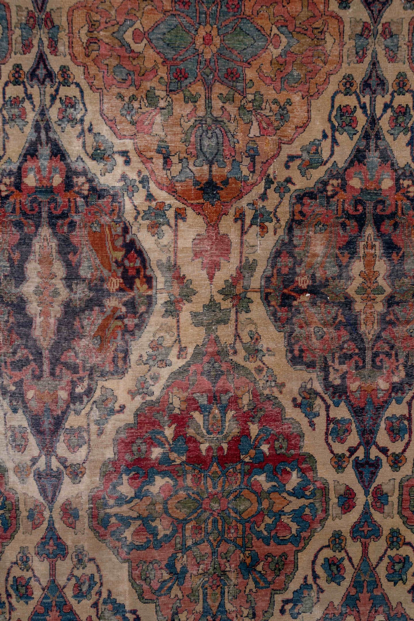 13' x 18' one-of-a-kind handmade antique Lavar oversize rug. Color palette: ivory, indigo, rust, rose, muted blue, burgundy