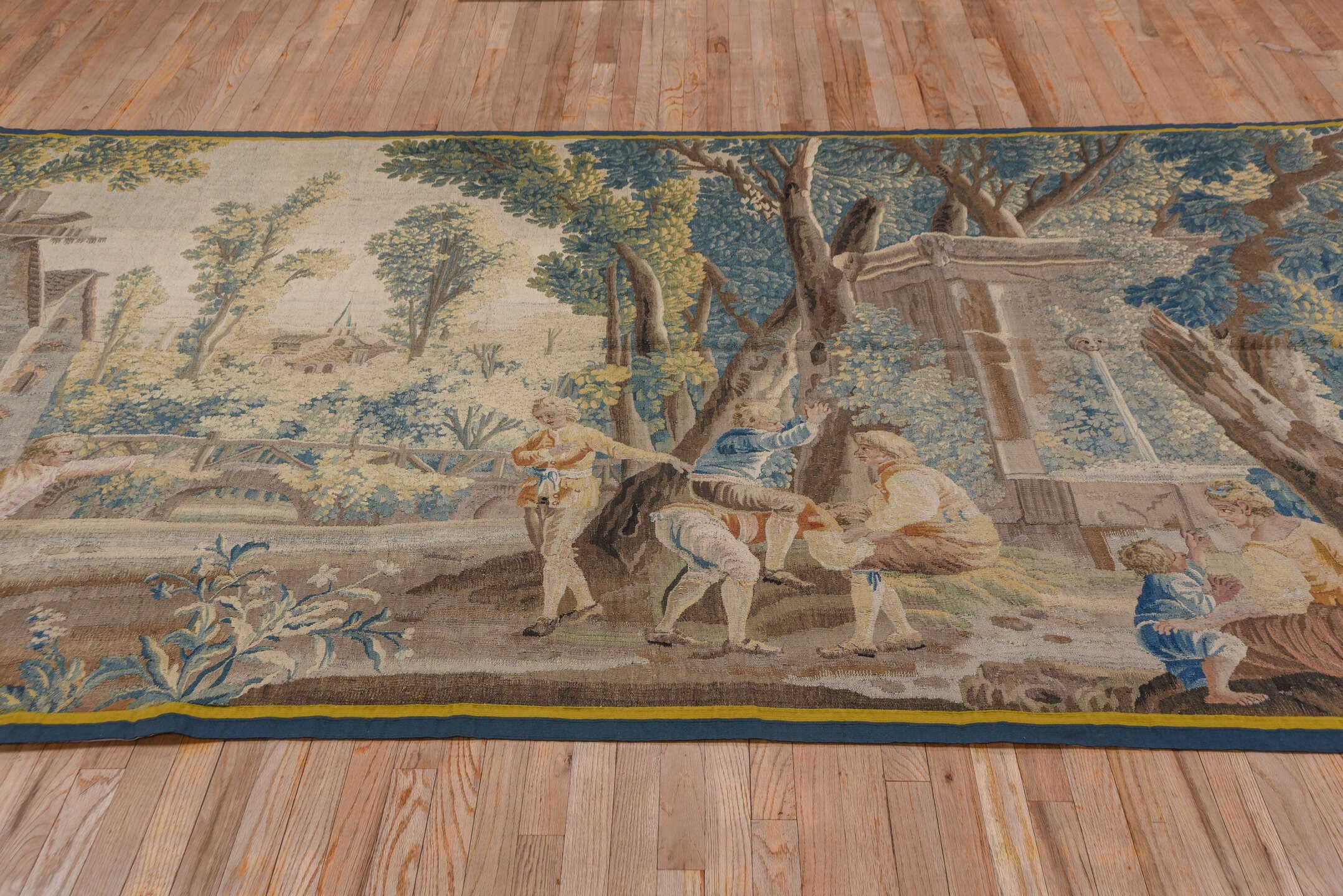 6' x 11' one-of-a-kind handmade vintage Tapestry large size rug. Color palette: ivory, slate, taupe, blue, camel, charcoal