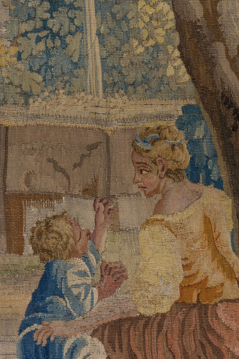 6' x 11' one-of-a-kind handmade vintage Tapestry large size rug. Color palette: black, blue, brown, gray