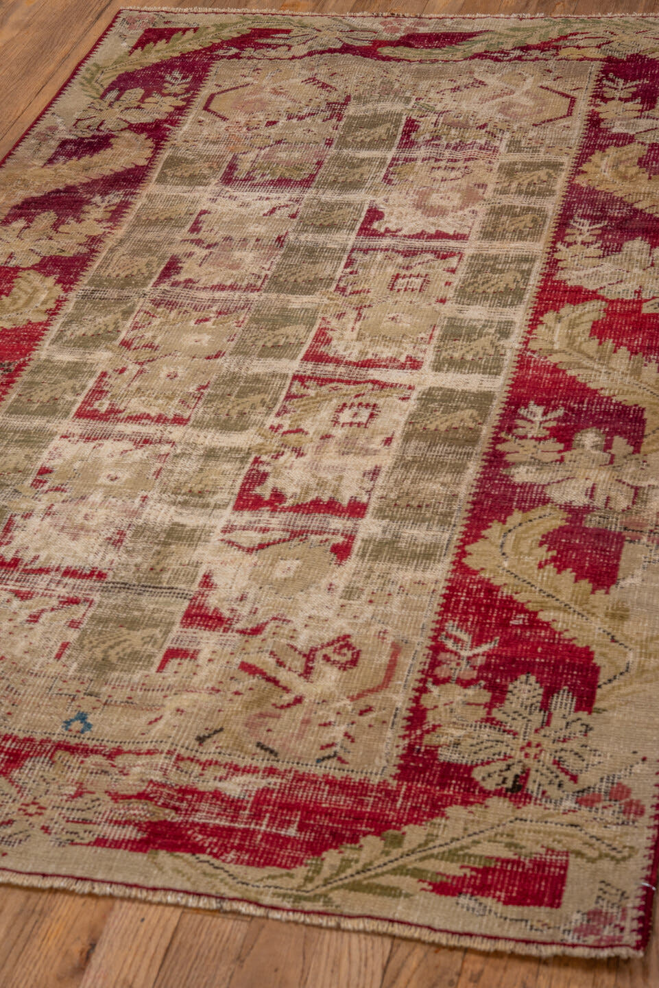 3' x 5' one-of-a-kind handmade antique Ghordes small size rug. Color palette: ivory, crimson, taupe, olive, rose, beige, red
