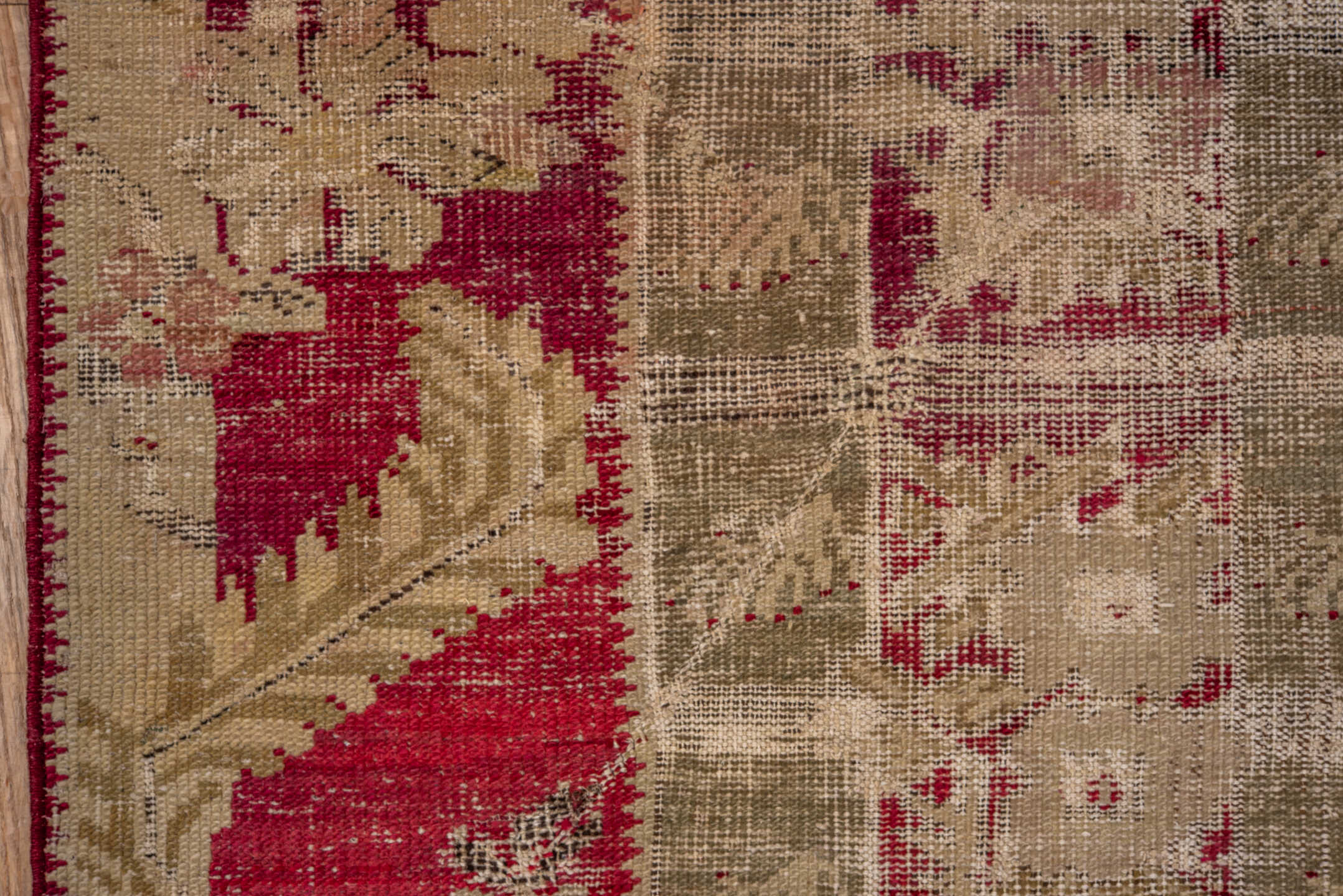 3' x 5' one-of-a-kind handmade antique Ghordes small size rug. Color palette: ivory, crimson, taupe, olive, rose, beige, red