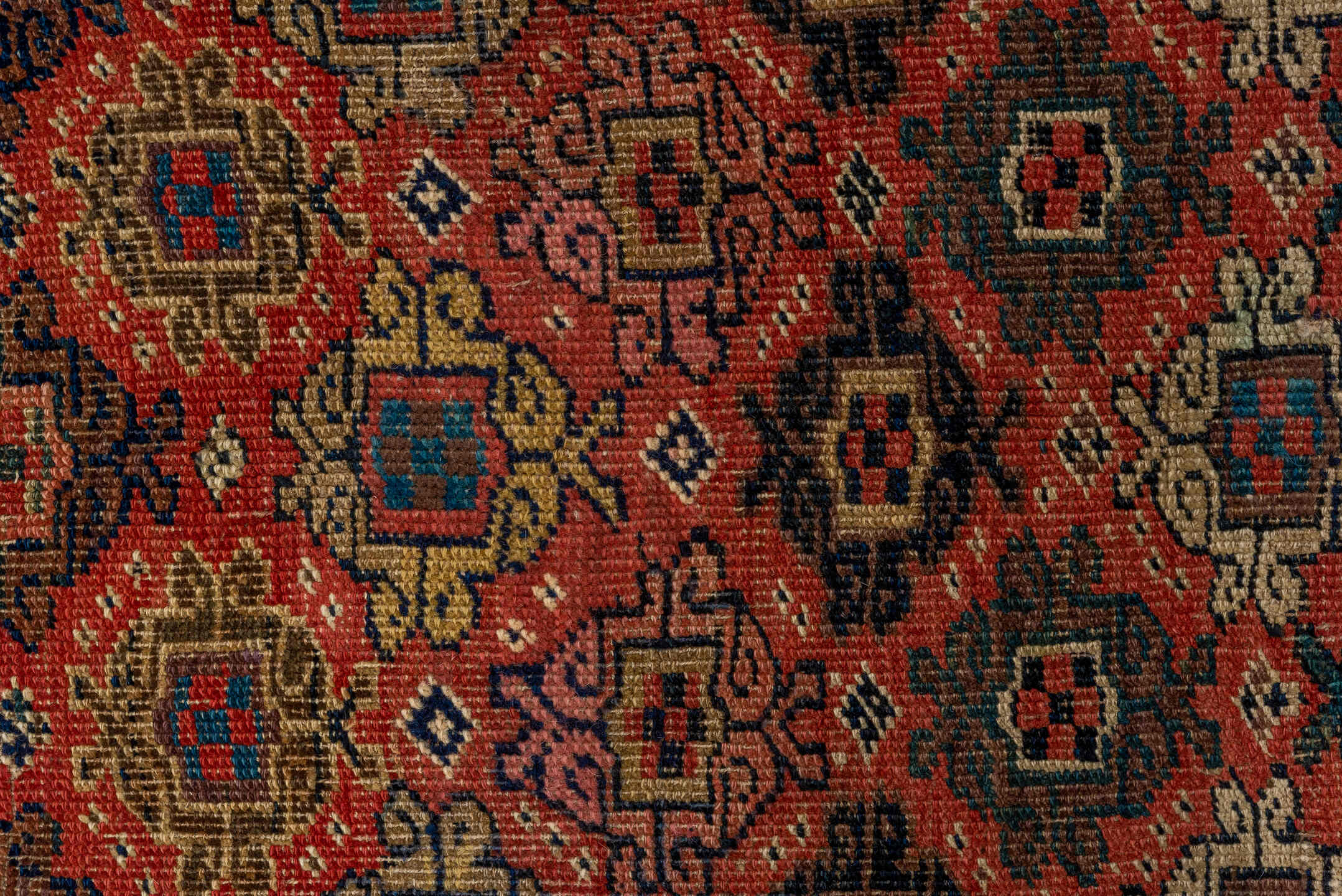 4' x 7' one-of-a-kind handmade vintage Bidjar rug. Color palette: rust, navy, ivory, blue, camel, crimson, charcoal, gold