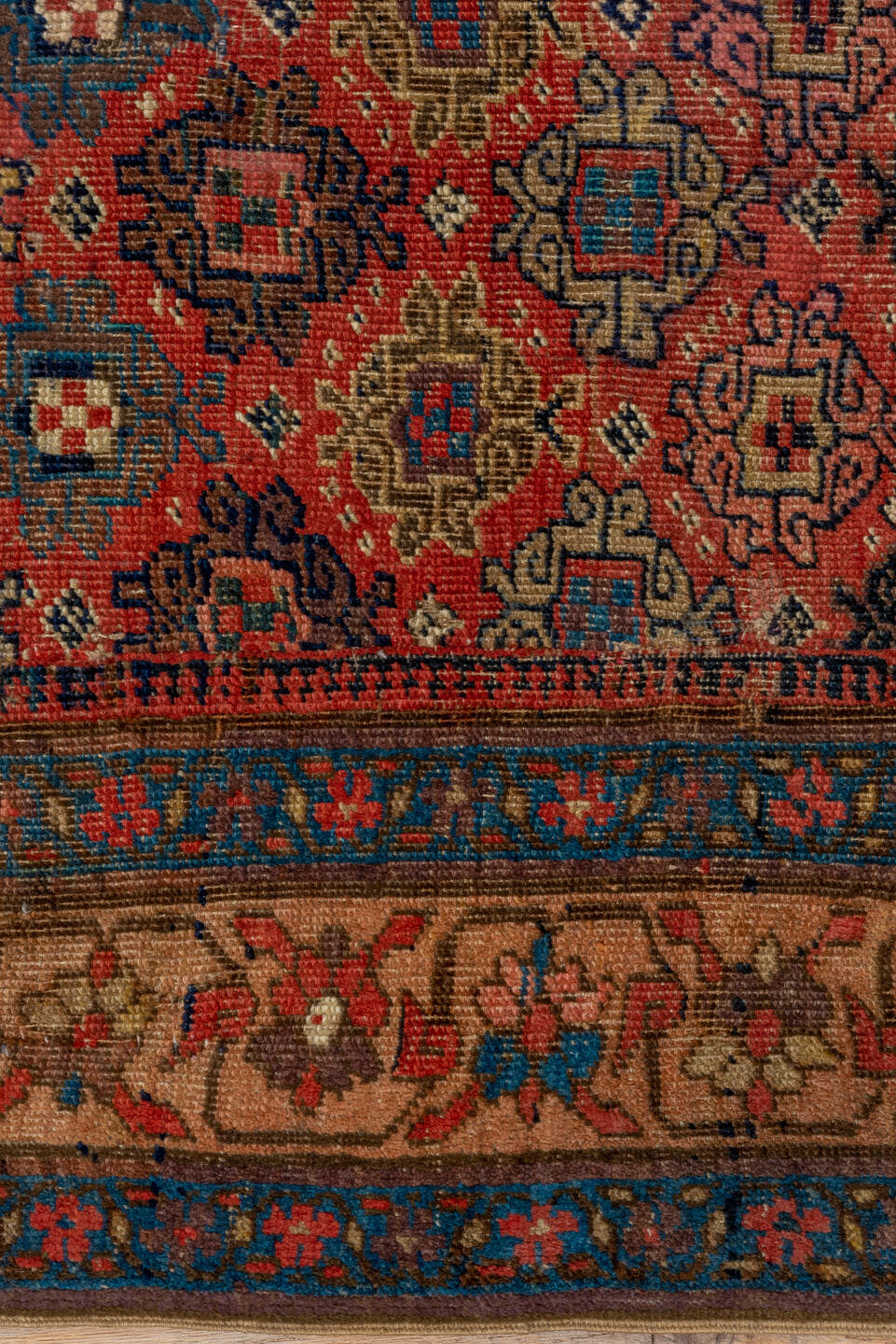 4' x 7' one-of-a-kind handmade vintage Bidjar rug. Color palette: rust, navy, ivory, blue, camel, crimson, charcoal, gold