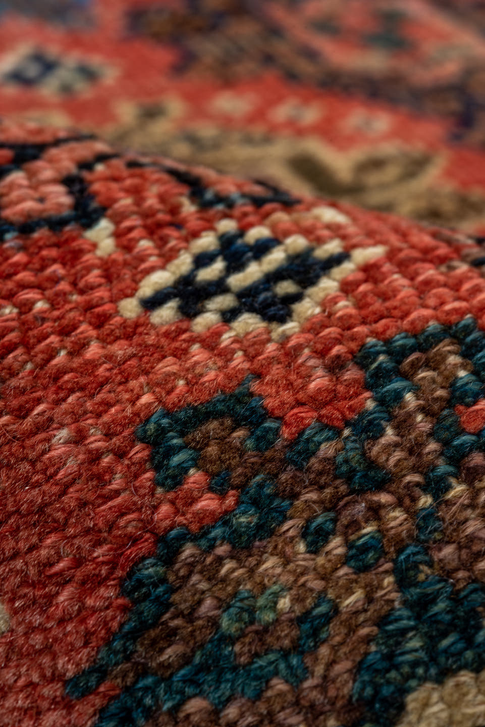 4' x 7' one-of-a-kind handmade vintage Bidjar rug. Color palette: rust, navy, ivory, blue, camel, crimson, charcoal, gold