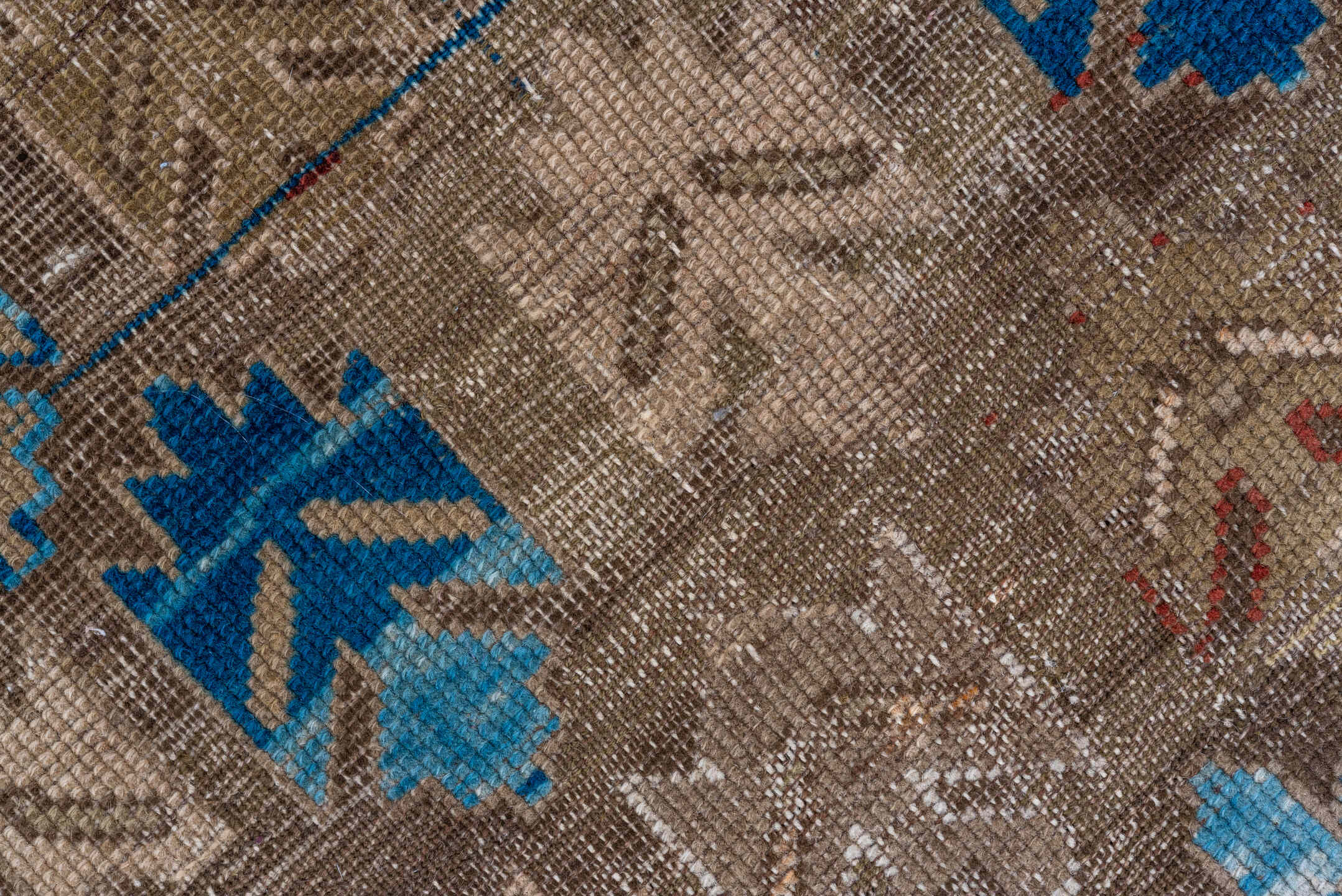 3' x 4' one-of-a-kind handmade vintage Caucasian small size rug. Color palette: blue, brown, gray, red