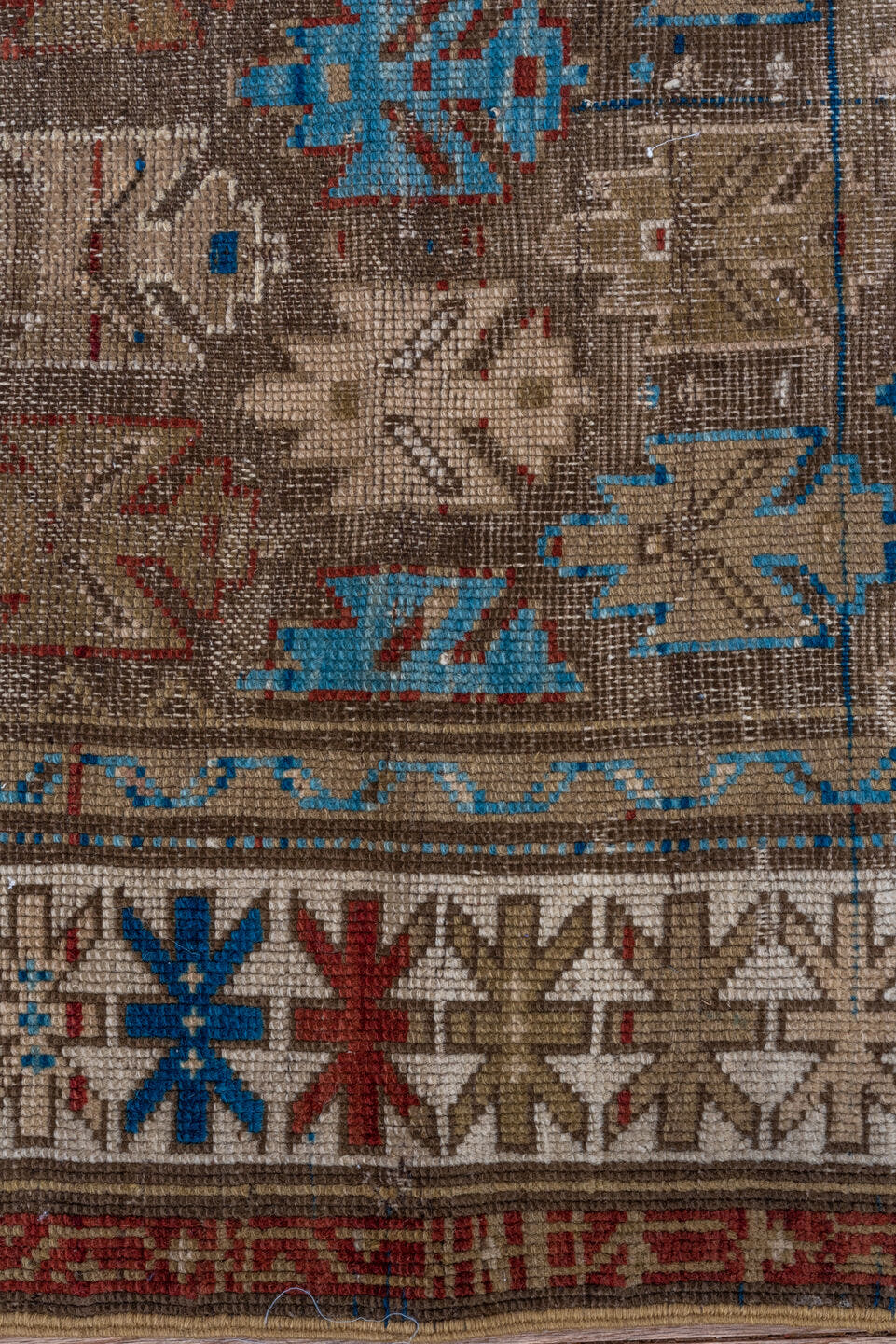 3' x 4' one-of-a-kind handmade vintage Caucasian small size rug. Color palette: taupe, ivory, sky_blue, rust, camel, navy