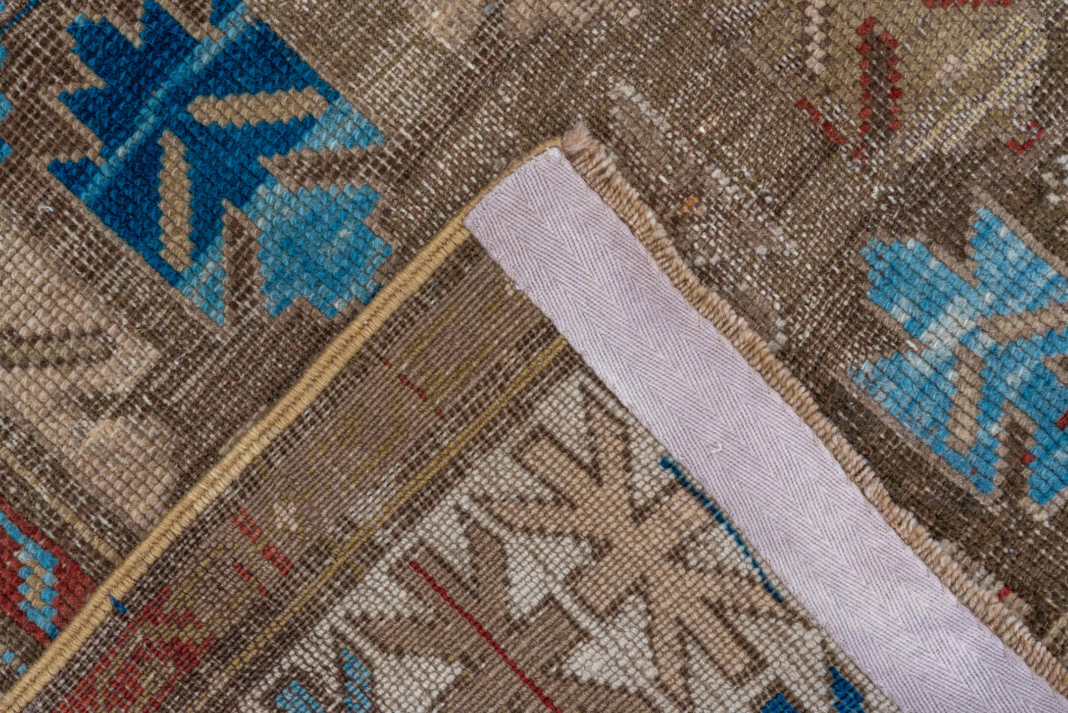 3' x 4' one-of-a-kind handmade vintage Caucasian small size rug. Color palette: taupe, ivory, sky_blue, rust, camel, navy