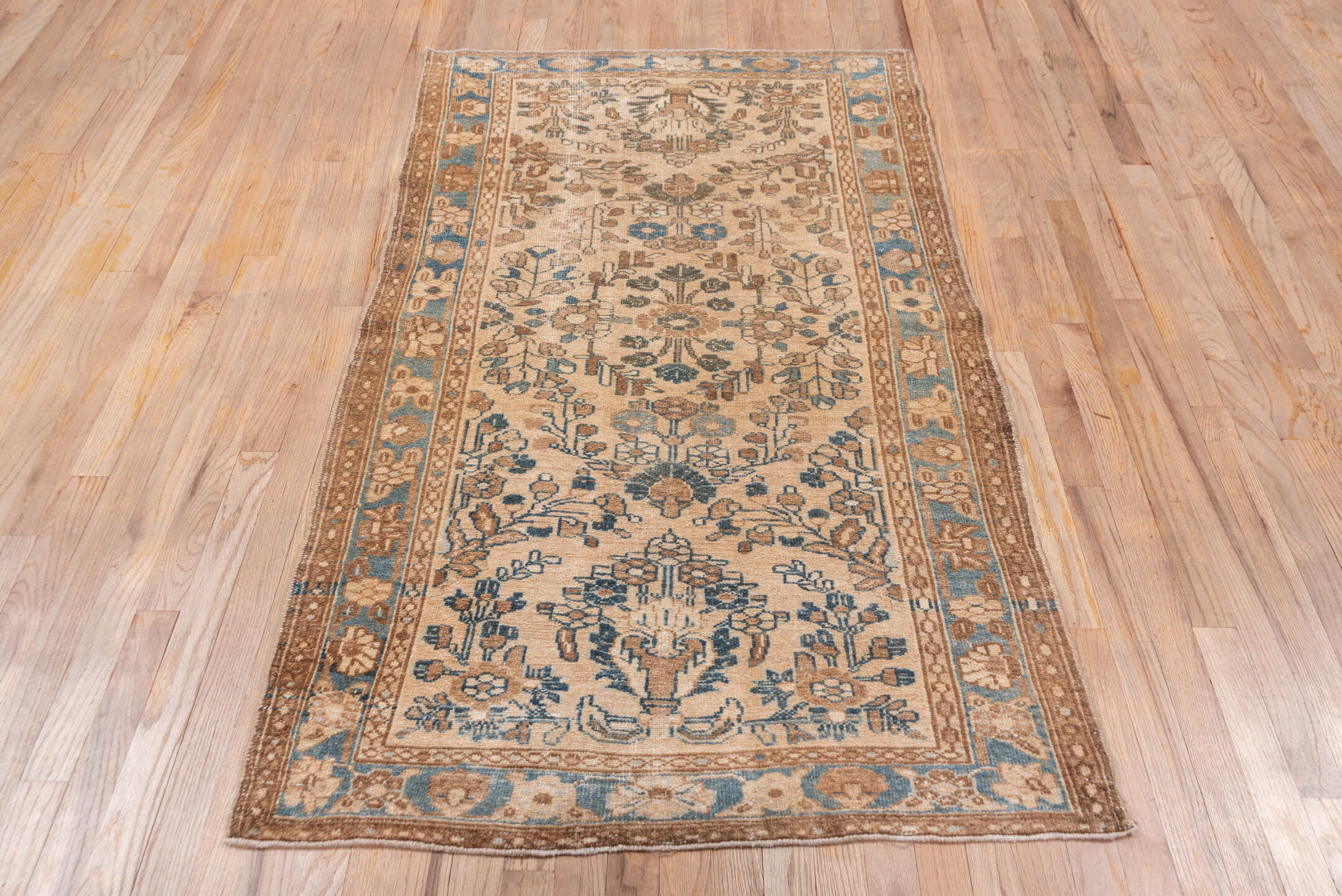 3' x 6' one-of-a-kind handmade antique Sivas small size rug. Color palette: ivory, camel, sky_blue, taupe, slate, tan, beige